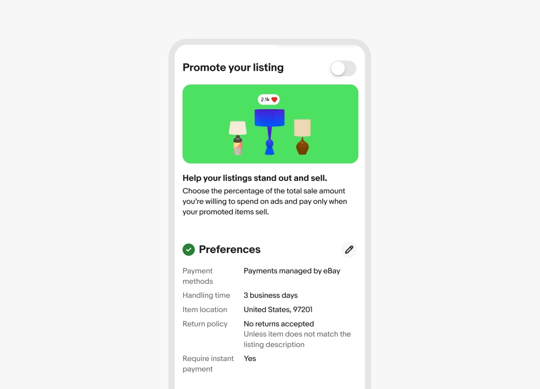 Listing flow screen on mobile with a “Promote your listing” option that features an illustration of three lamps. The middle lamp has a pill floating above it with the text, “2K” and a red heart next to it. The illustration sits on a bright green background.