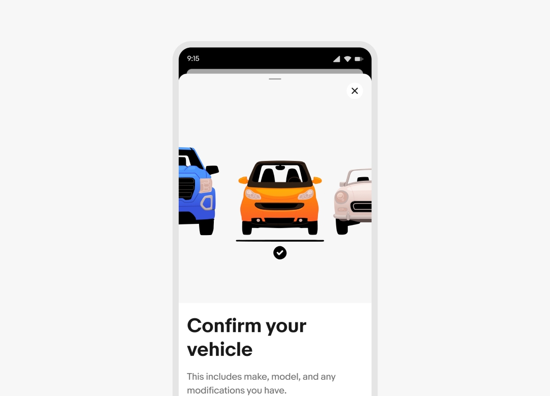 A full screen modal on mobile asking to confirm your vehicle. Three different vehicles are presented with the middle one receiving a checkmark.