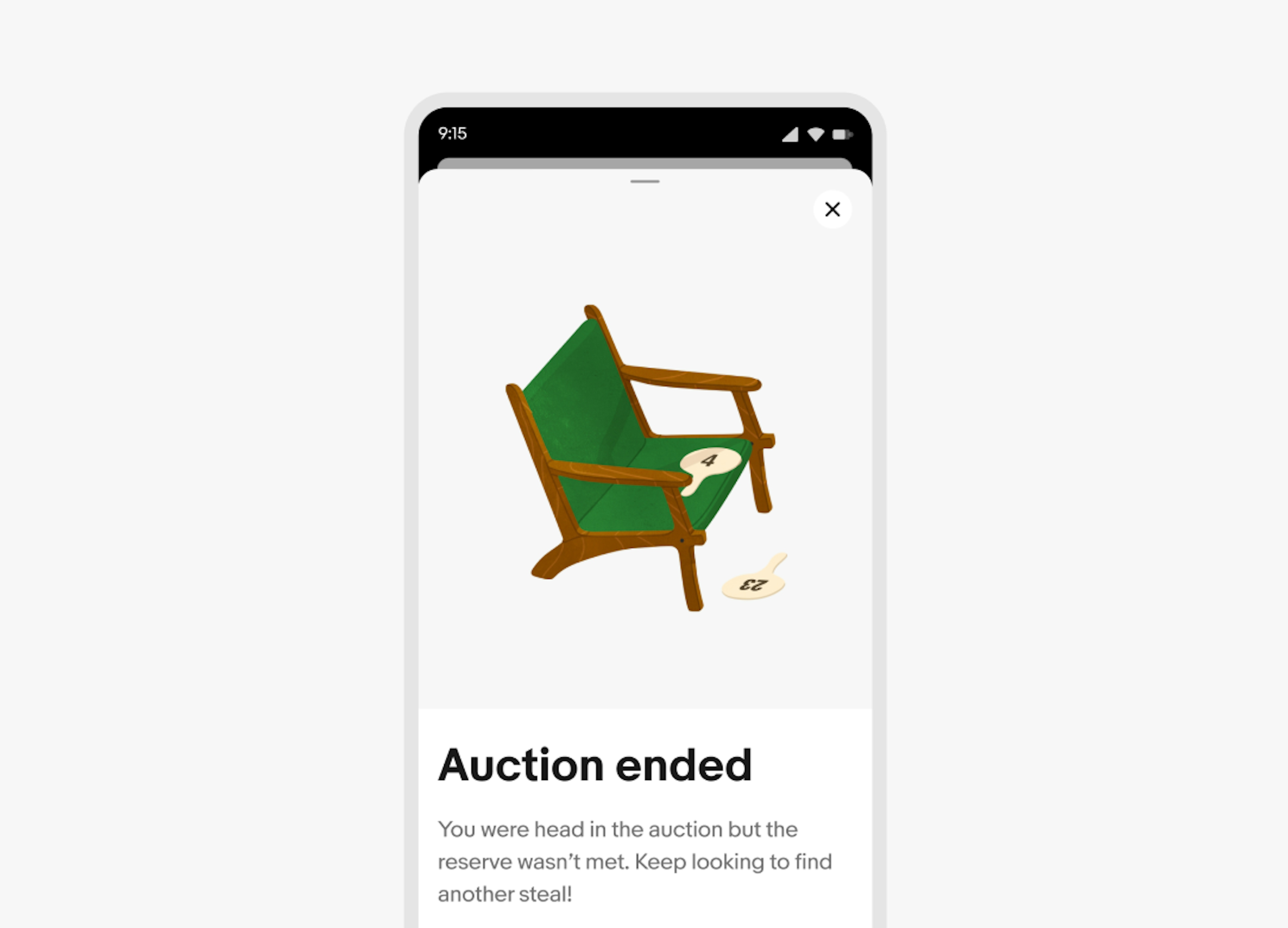 A full screen modal on mobile featuring an illustration at the top of the page of a green chair with two bidding paddles. One paddle is sitting ont he chair and one on the ground. Text below the illustration says, “Auction ended”. 