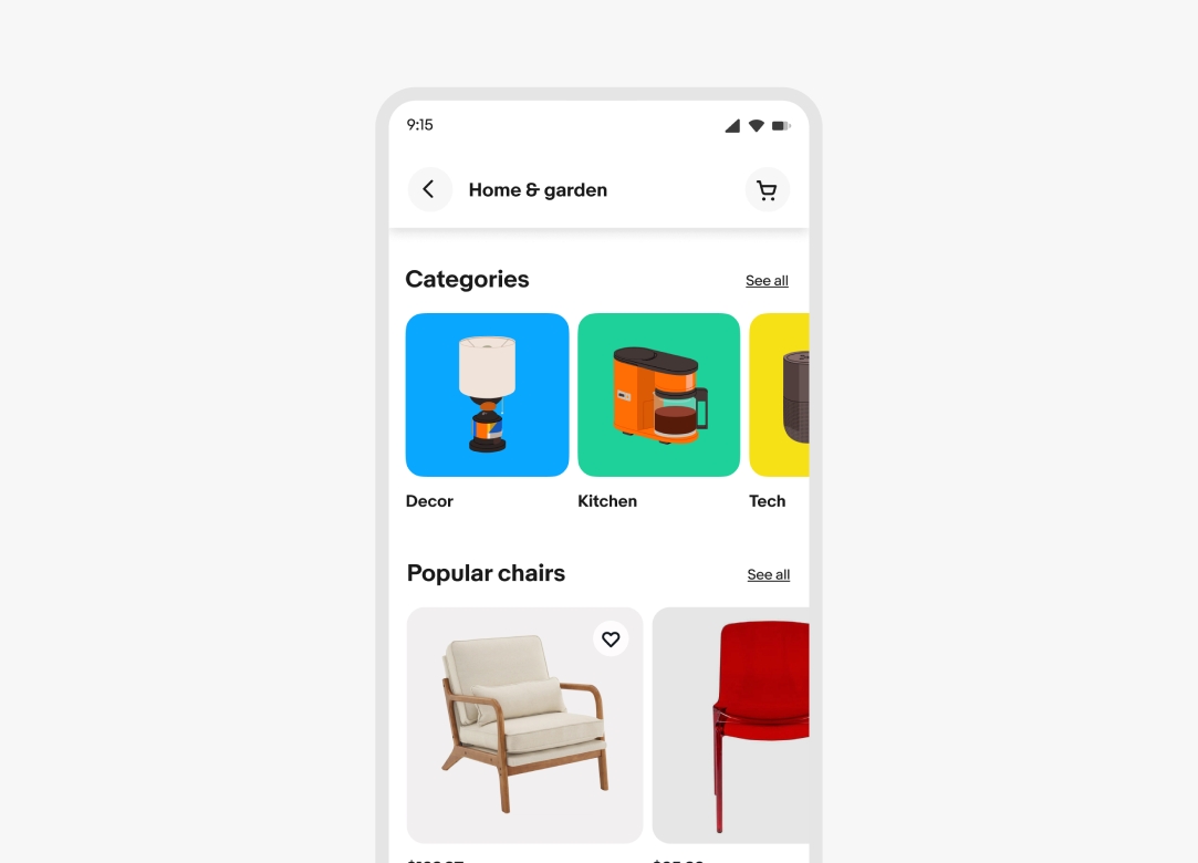The “Home & Garden” page on mobile featuring a horizontally scrolling “Categories” module at the top of the page with square illustrations that lead to individual destinations. “Decor” is a lamp with blue background, “Kitchen” is a coffee maker on a teal background, and “Tech” is a speaker on a yellow background.