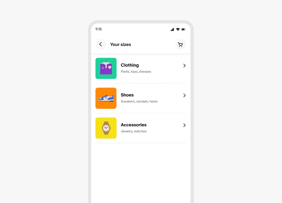 “Your sizes” page in MyeBay showing 3 clickable cells. Each cell has a square illustration on the left with text and a chevron icon on the right. “Clothing” has a t-shirt illustration on teal background, “Shoes” has a shoe illustration on orange background, and “Accessories” has a watch illustration on yellow background.