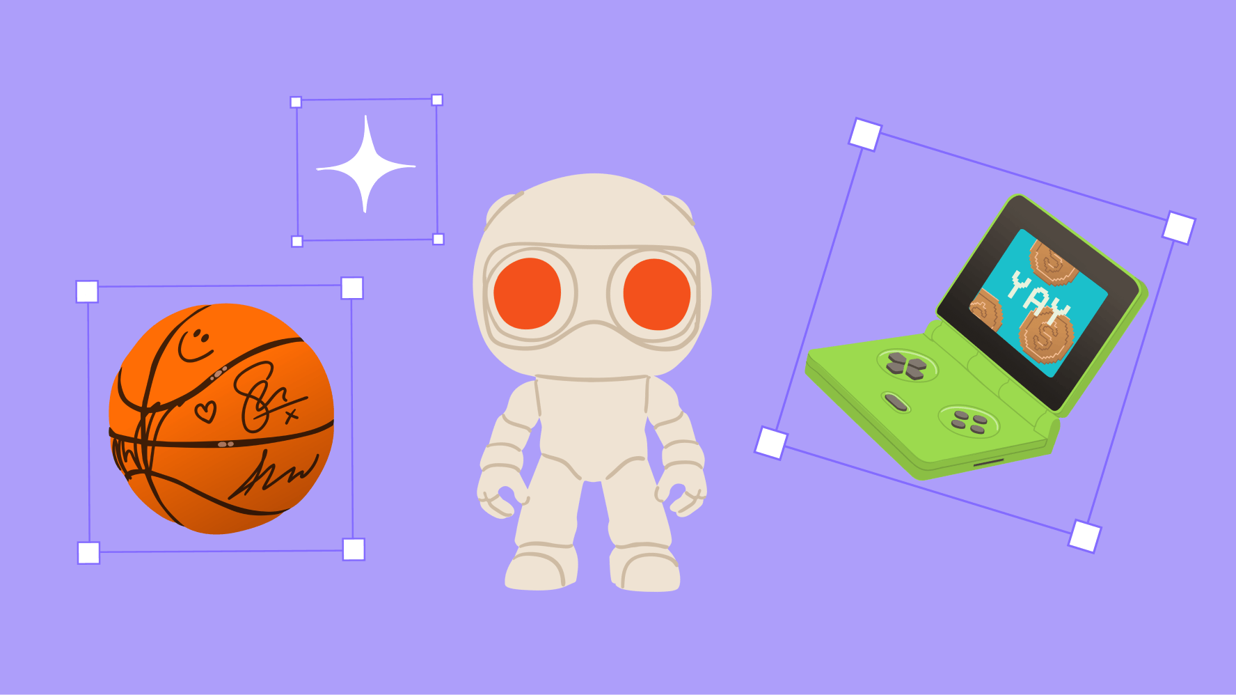 A cartoon figure with large red eyes stands in the center. To the left is an orange basketball with black markings and signatures. To the right is a green handheld gaming device with a screen displaying the word "YAY" and some pixelated coins. A white star-like symbol is also visible in the top left quadrant. The background is purple and several of the icons have graphic selection frame controls around them as if they are about to be positioned.