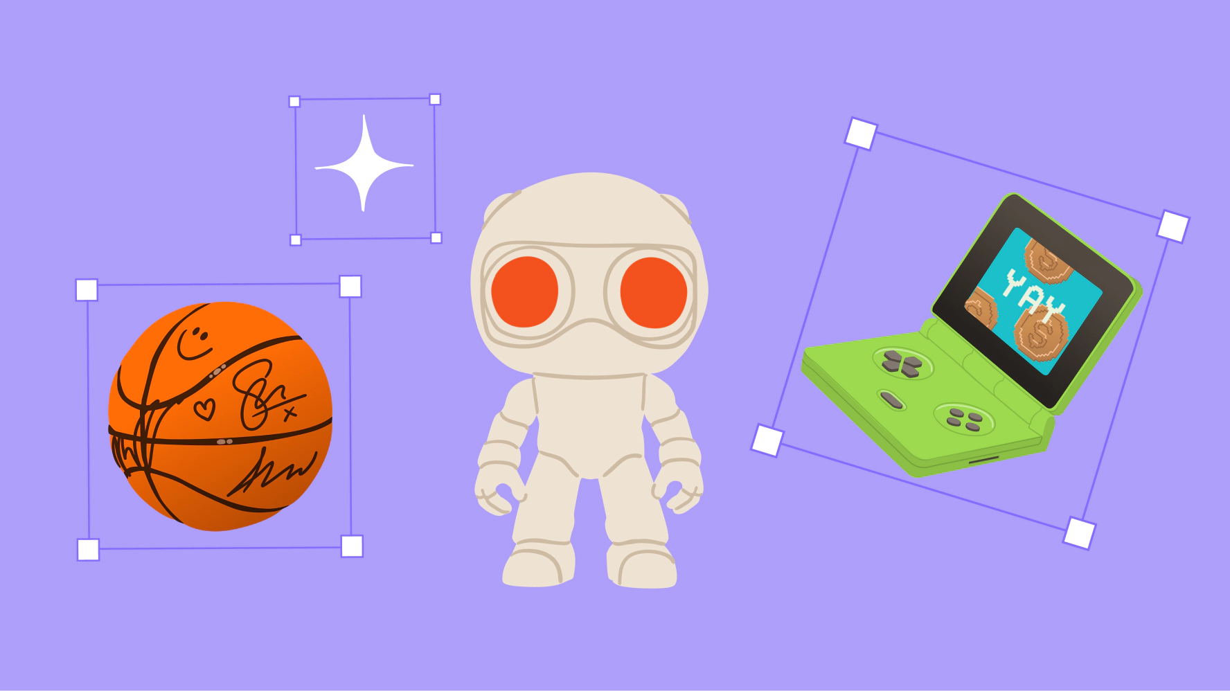 A cartoon figure with large red eyes stands in the center. To the left is an orange basketball with black markings and signatures. To the right is a green handheld gaming device with a screen displaying the word "YAY" and some pixelated coins. A white star-like symbol is also visible in the top left quadrant. The background is purple and several of the icons have graphic selection frame controls around them as if they are about to be positioned.