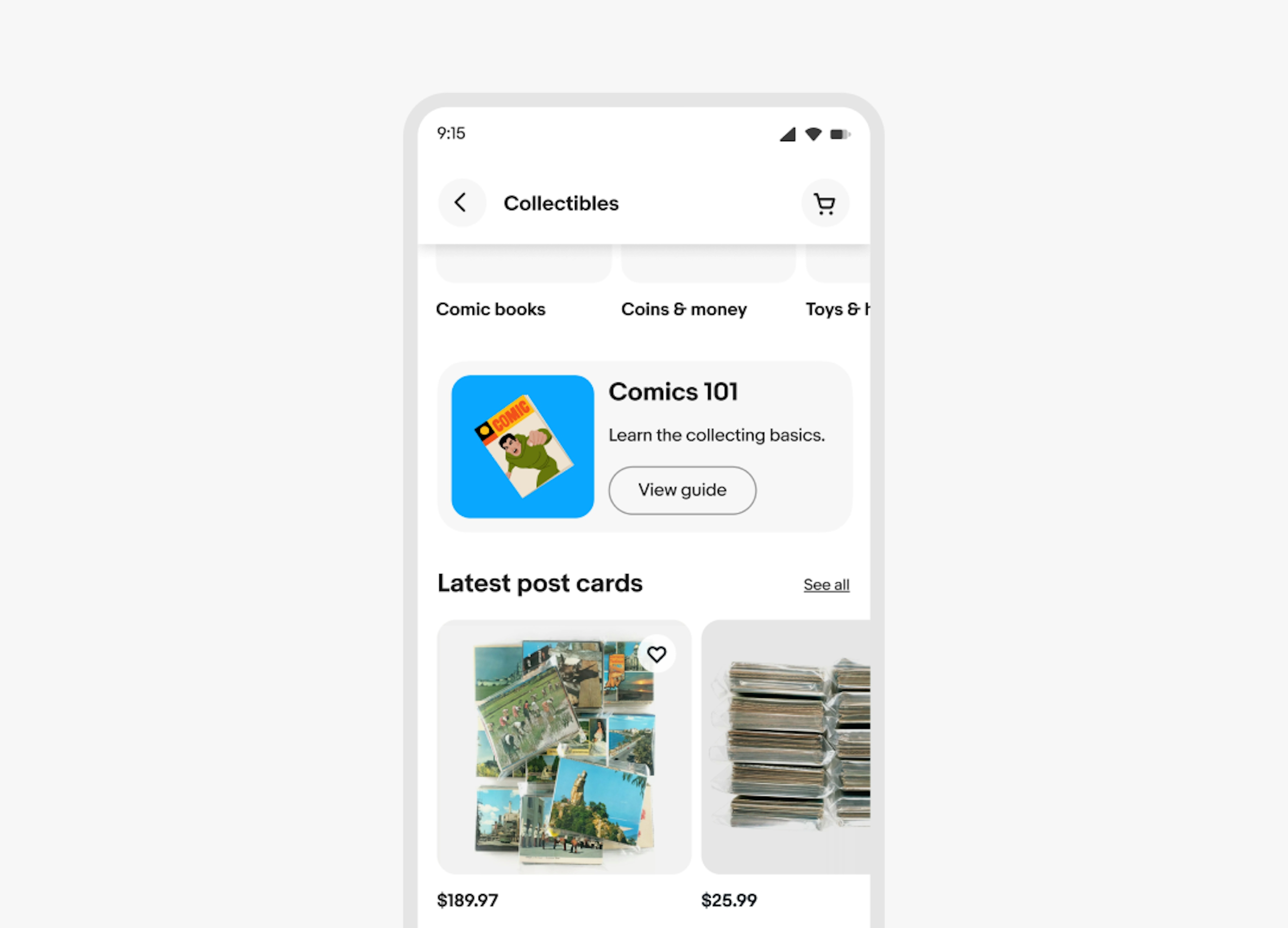 The “Collectibles” page on mobile featuring a light gray card with a square illustration of a comic book on a blue background on the left. To the right of the illustration there is a title that says “Comics 101” and a call to action button that says, “View guide”. 