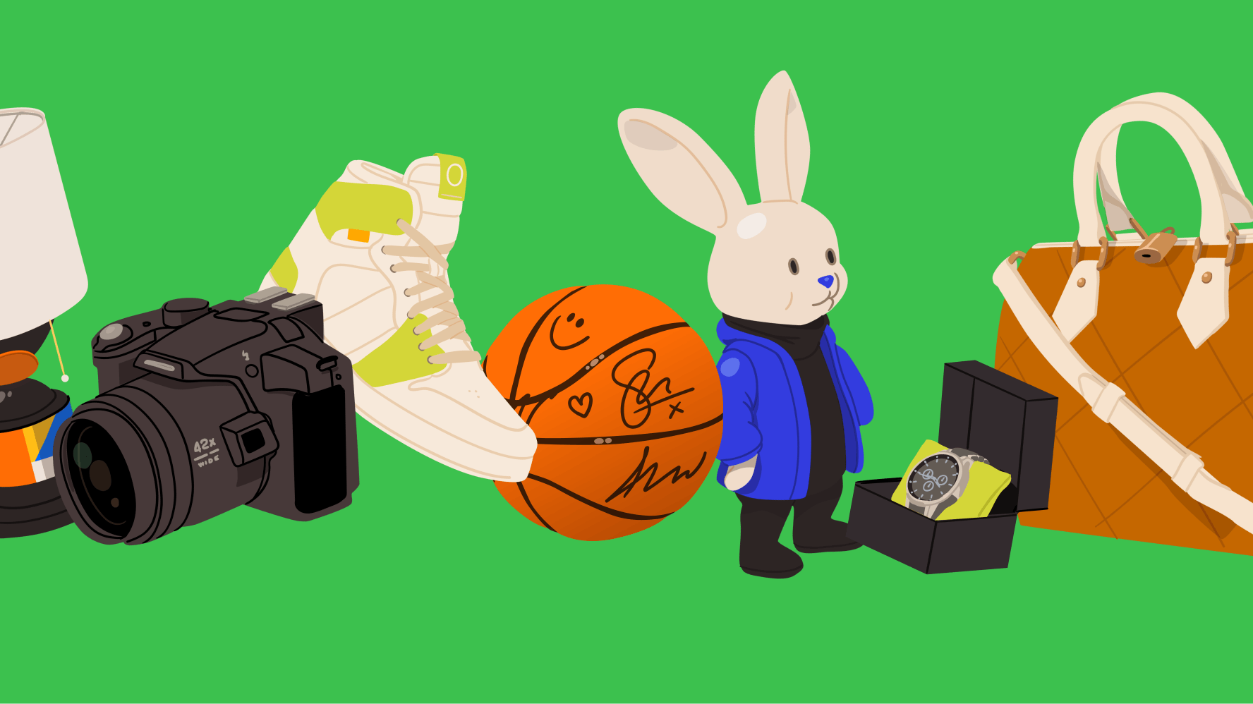 Various items against a green background: a lamp, a camera, a pair of sneakers, an autographed basketball, a rabbit figurine, a wristwatch in a box, and a handbag.