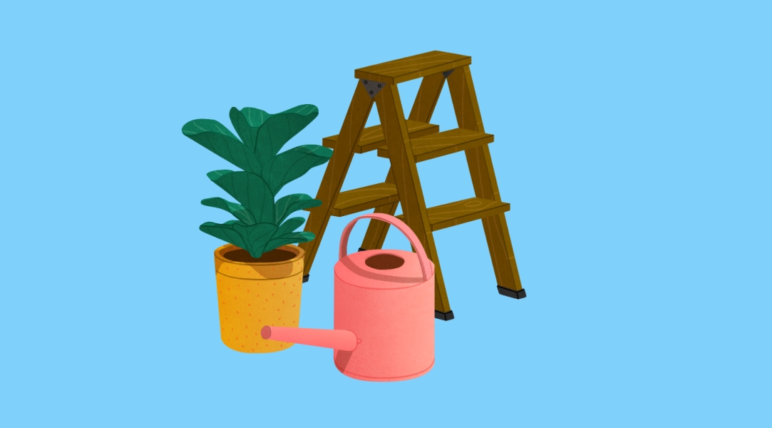 A wood step ladder, pink watering can and green plant in yellow pot.