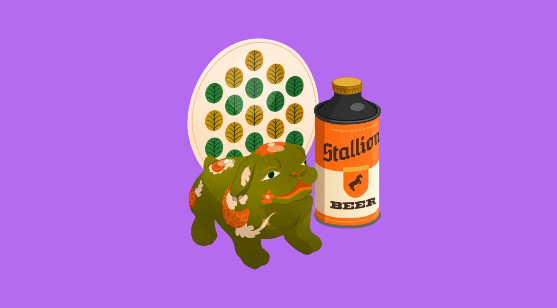 A ceramic plate, ceramic Chinese statue, and vintage Stallion beer bottle.