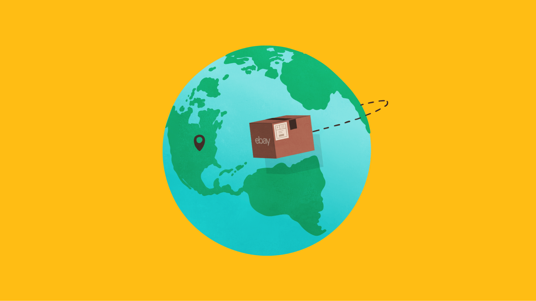 An eBay-branded box with tape and shipping label moving around a globe toward a location indicator with dotted lines showing where it came from.