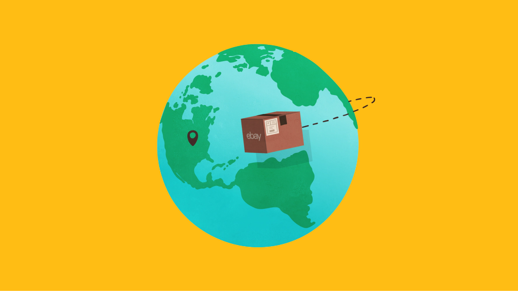 An eBay-branded box with tape and shipping label moving around a globe toward a location indicator with dotted lines showing where it came from.