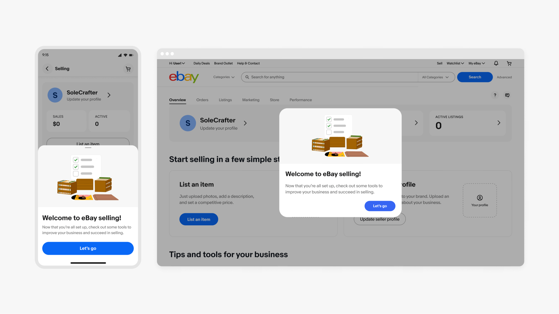 A Seller page is shown on mobile and desktop screen sizes. On mobile, a full sheet is displayed with a Welcome to eBay Selling message. An illustration of three album crates, an album open on the ground and a checklist with green checks on two of the three checkboxes. On desktop, a modal is shown with the same illustration.