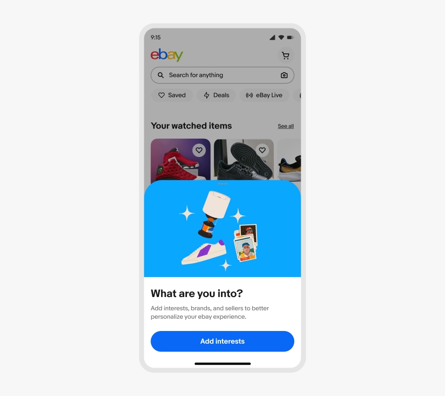 A half sheet on the eBay mobile app with the top half showcasing an illustration of a lamp, shoe, baseball cards and sparkles. The bottom half contains text in black and a CTA in blue against a white background.
