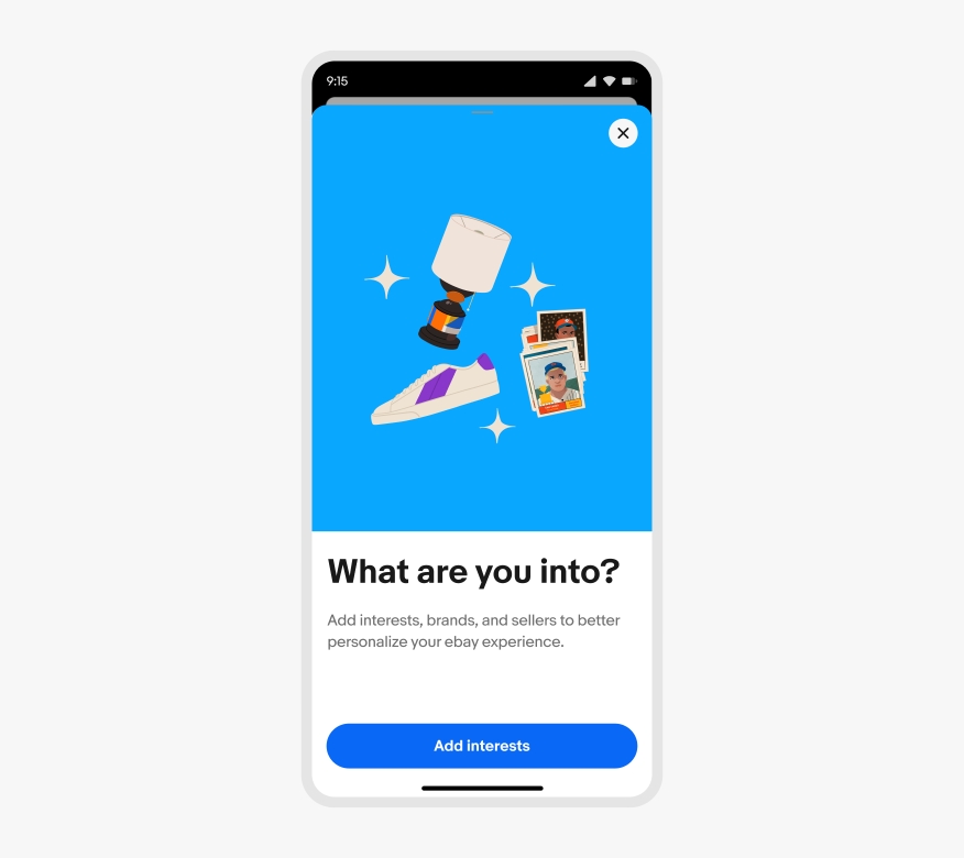 A full sheet on the eBay mobile app with the top half showcasing an illustration of a lamp, shoe, baseball cards and sparkles. The bottom half contains text in black and a CTA in blue against a white background.