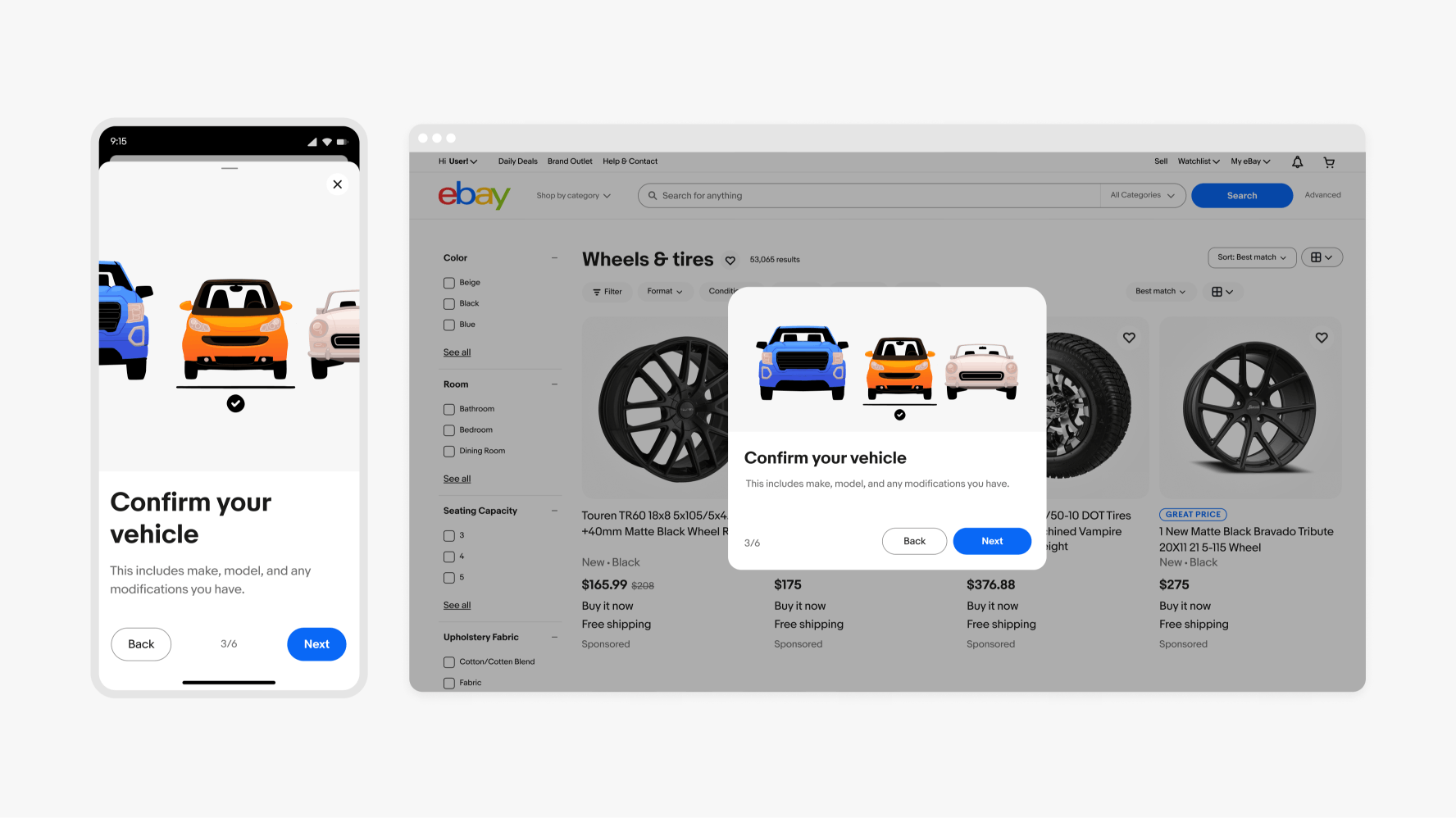 A Wheels & tires page is shown on mobile and desktop screen sizes. On mobile, a full sheet is displayed with a Confirm your vehicle message. An illustration of a person in a purple suit standing to the left of an orange car, with a blue bigger car and a white smaller car sitting to the left and right of the orange car.
On desktop, a modal is shown with the same illustration.