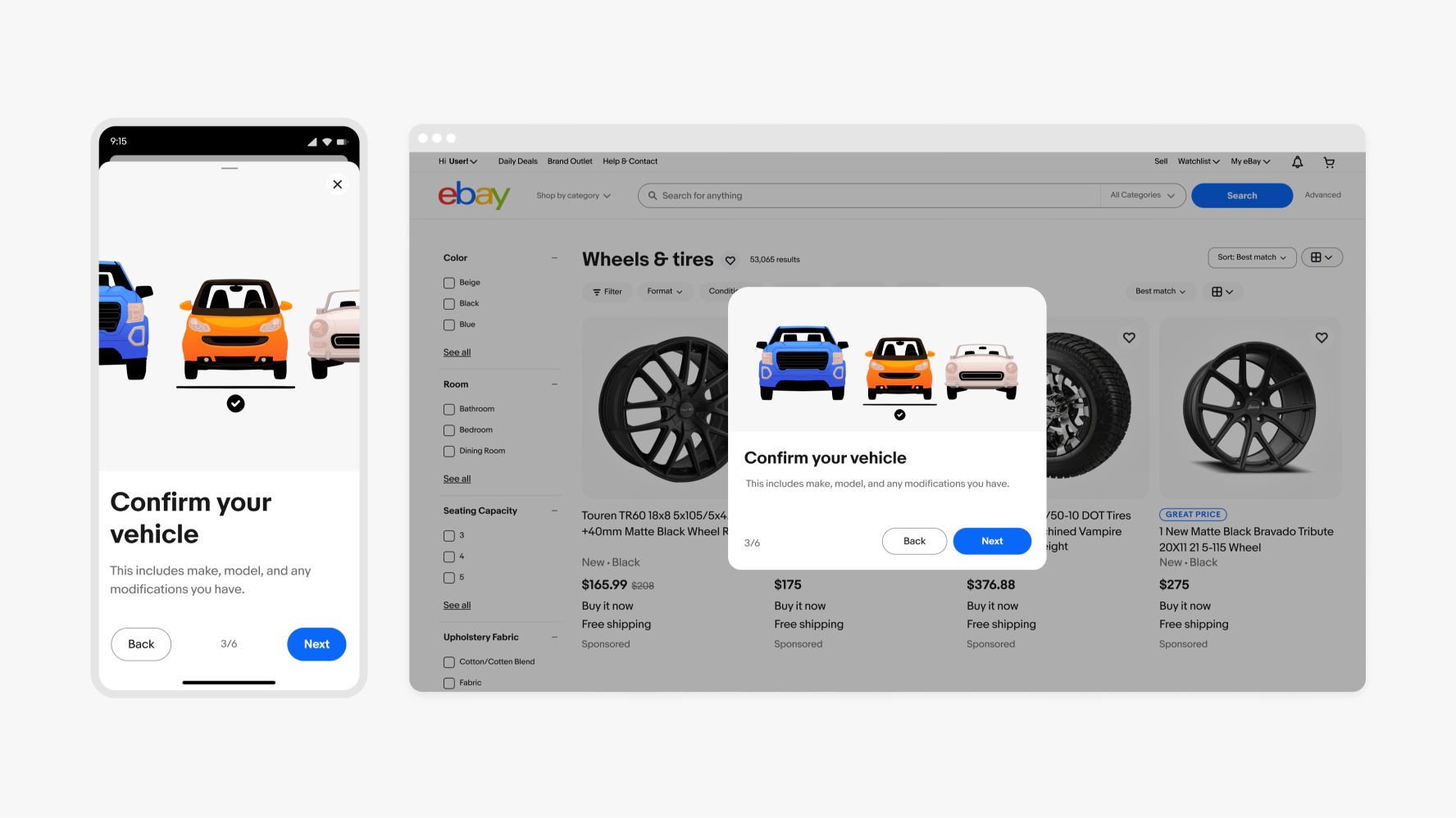 A Wheels & tires page is shown on mobile and desktop screen sizes. On mobile, a full sheet is displayed with a Confirm your vehicle message. An illustration of a person in a purple suit standing to the left of an orange car, with a blue bigger car and a white smaller car sitting to the left and right of the orange car.
On desktop, a modal is shown with the same illustration.