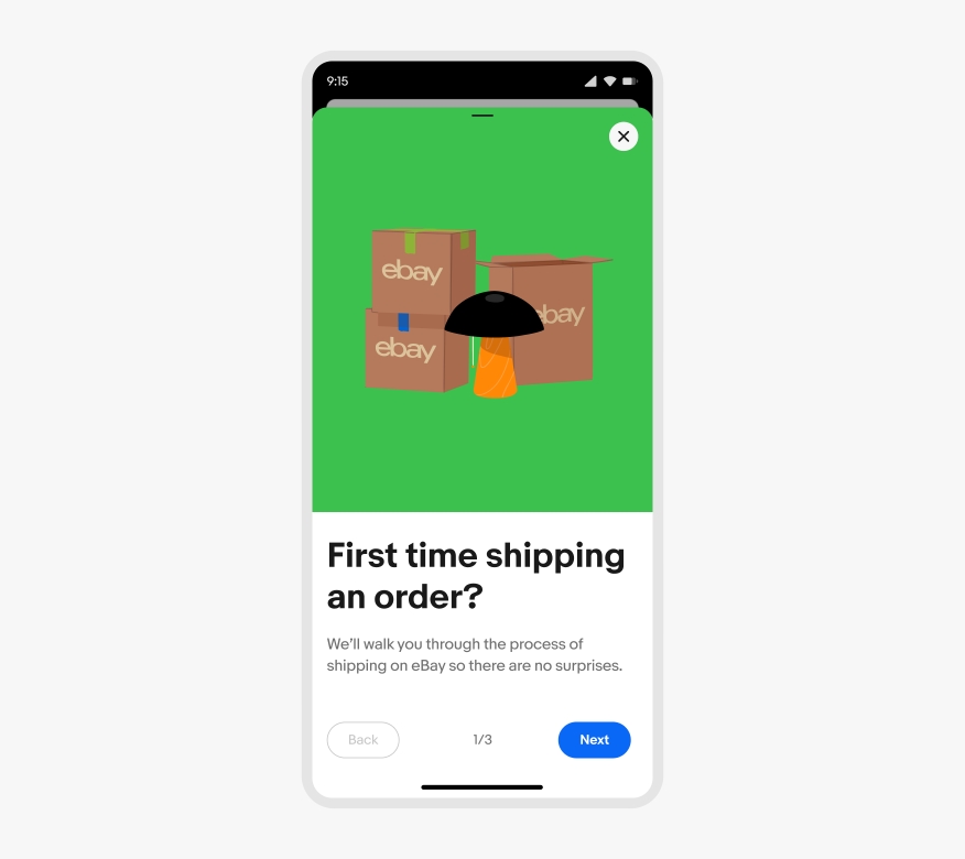 A full sheet on the eBay mobile app with the top half showcasing three eBay cardboard shipping boxes with an orange and black lamp standing in front of them, all illustrated on a green background. The bottom half contains a walkthrough process with text in black and grey against a white background.