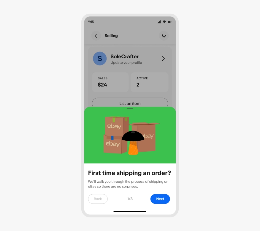 A half sheet on the eBay mobile app with the top half showcasing three eBay cardboard shipping boxes with an orange and black lamp standing in front of them, all illustrated on a green background. The bottom half contains a walkthrough process with text in black and grey against a white background.