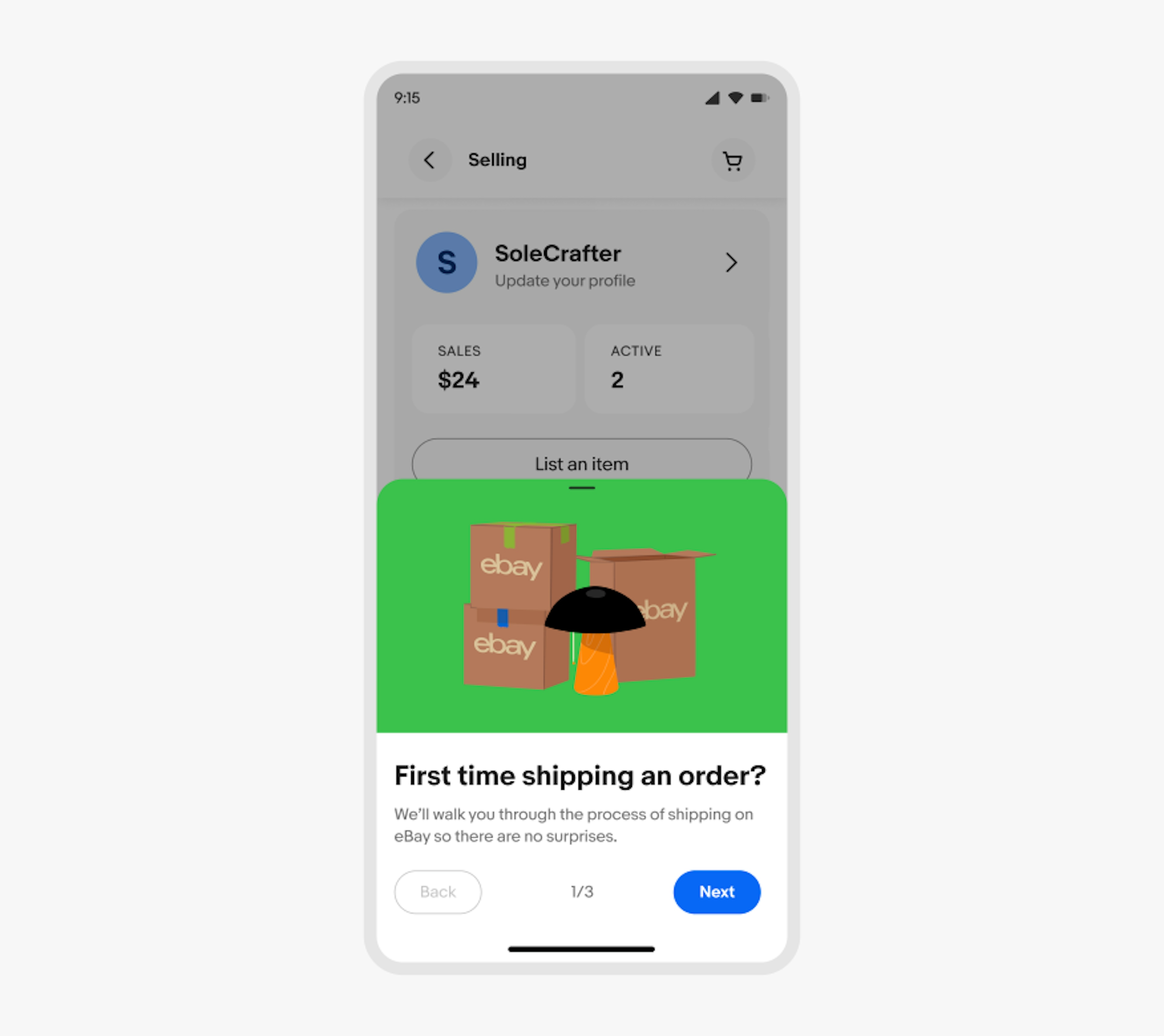A half sheet on the eBay mobile app with the top half showcasing three eBay cardboard shipping boxes with an orange and black lamp standing in front of them, all illustrated on a green background. The bottom half contains a walkthrough process with text in black and grey against a white background.