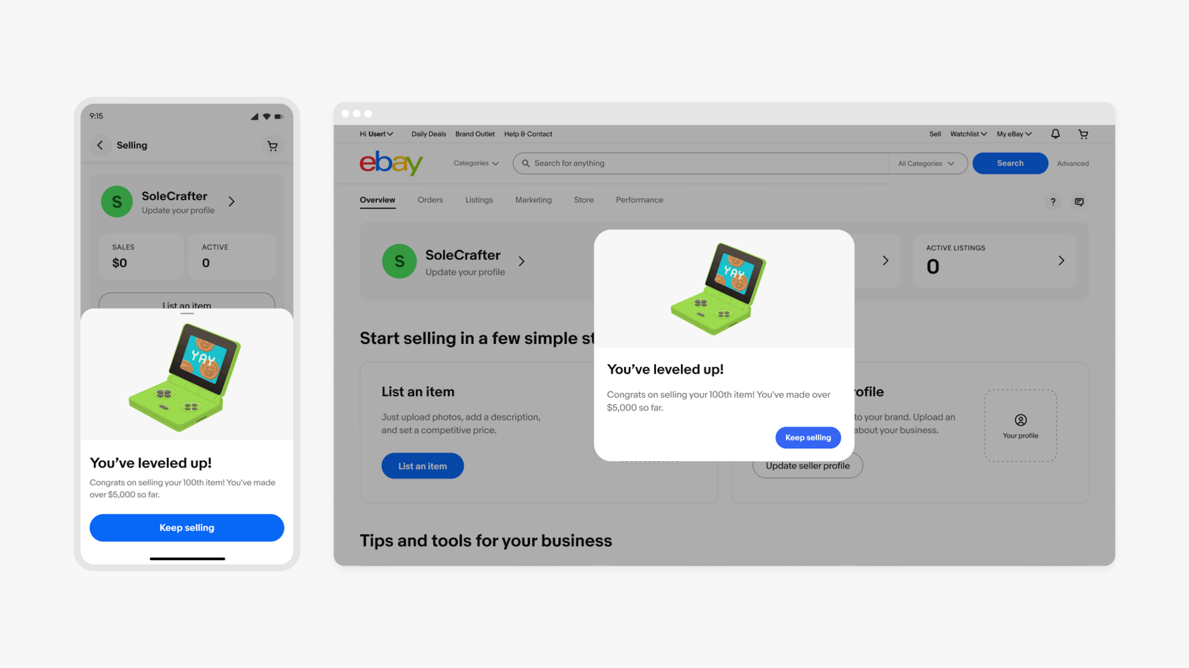 Mobile and Desktop Seller pages are shown. On mobile, a full sheet is displayed with a You’ve leveled up! message. An illustration of green handheld gaming device with grey buttons sits on a neutral grey background. The screen on the gaming device shows three copper coins with the word ‘YAY’ written in white on top of the coins, all on a blue background.   On desktop, a modal is shown with the same illustration.