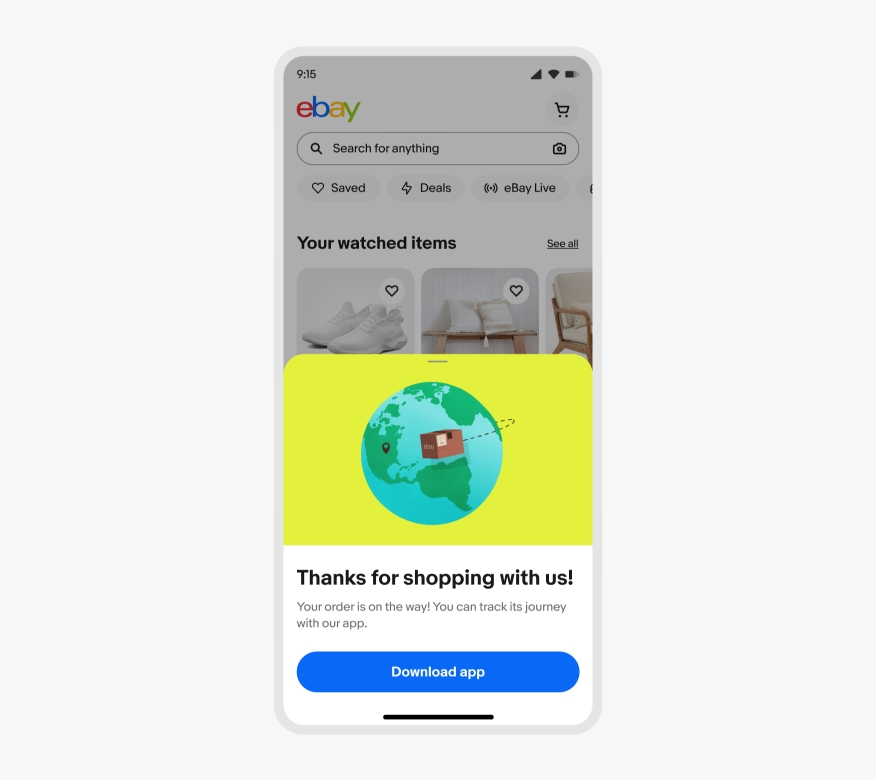 A half sheet on the eBay mobile app with the top half showcasing an illustration the earth against a lime background. A black location icon sits on the map with a brown eBay shipping cardboard box rotating around the globe. The box is followed by a black dotted line to signify the movement of the box. The bottom half contains text in black and a CTA in blue against a white background.