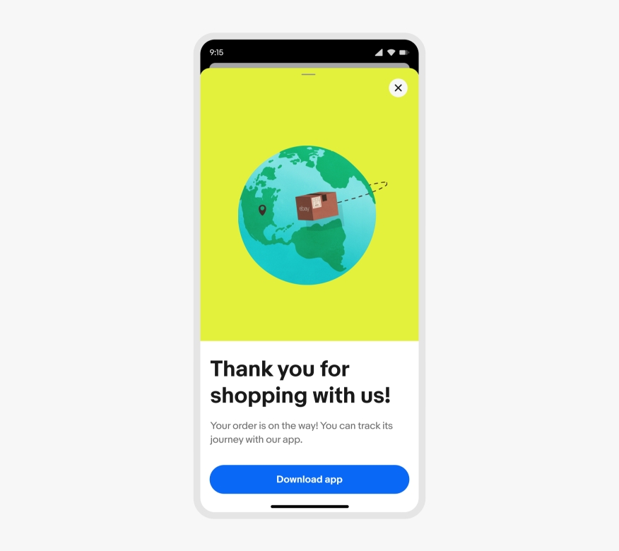 A full sheet on the eBay mobile app with the top half showcasing an illustration the earth against a lime background. A black location icon sits on the map with a brown eBay shipping cardboard box rotating around the globe. The box is followed by a black dotted line to signify the movement of the box. The bottom half contains text in black and a CTA in blue against a white background.