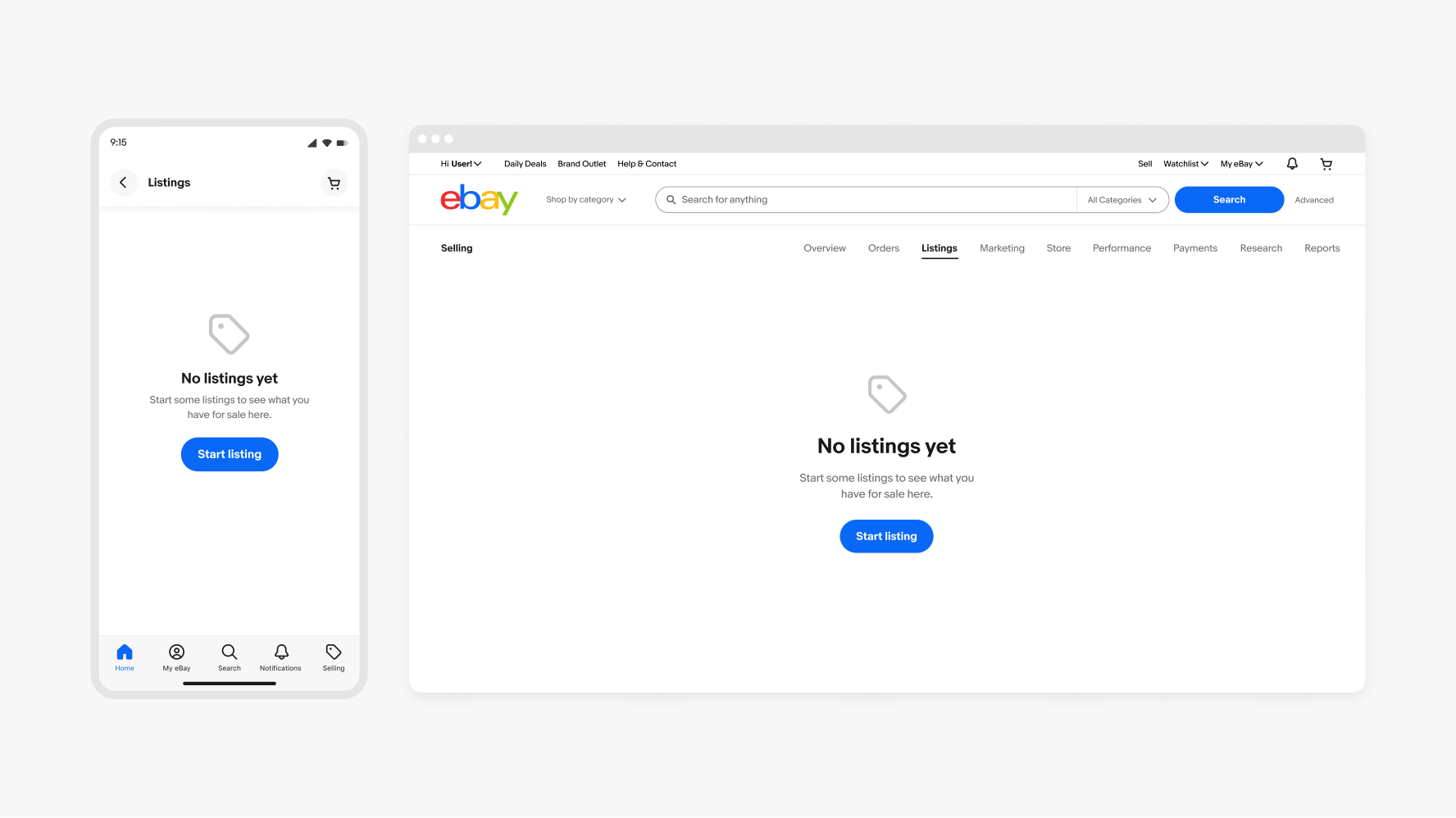 A null state in the Selling tab on mobile and desktop. A tag icon is featured in grey. The null state sits on a white background with text in black that reads “no listings yet”, and a blue CTA button sitting below the icon that says, “start listing”.