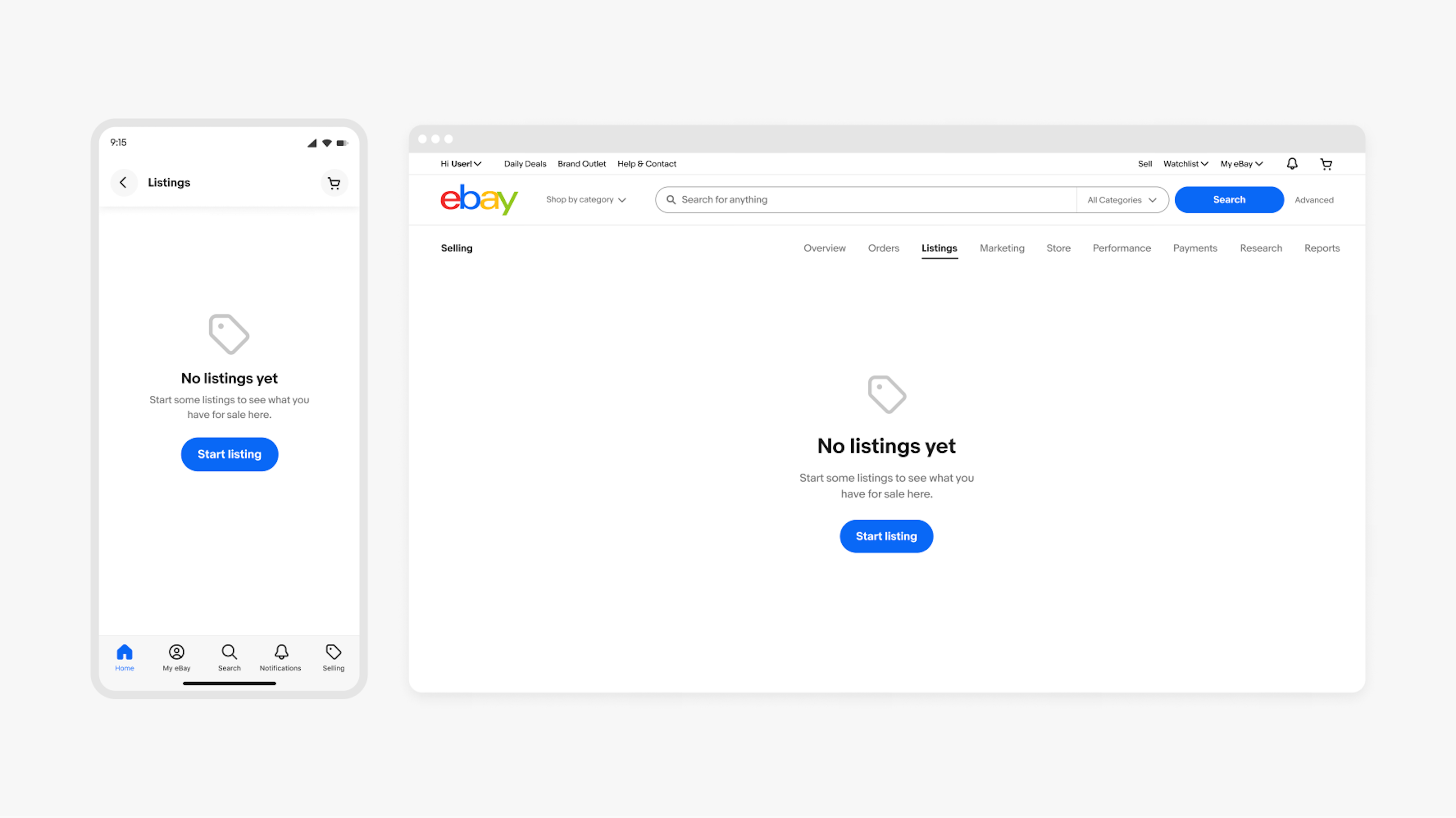 A null state in the Selling tab on mobile and desktop. A tag icon is featured in grey. The null state sits on a white background with text in black that reads “no listings yet”, and a blue CTA button sitting below the icon that says, “start listing”.