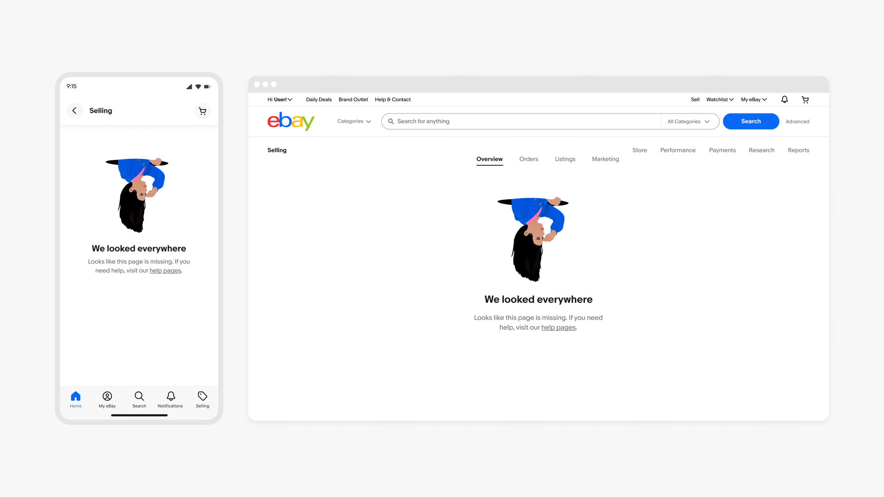 A null state in the Selling tab on mobile and desktop with an illustration centered on screen showing a person upside down wearing a blue sweater. The person is emerging from a hole, and looking out into the distance. The null state sits on a white background with text in black that reads “we looked everywhere”.