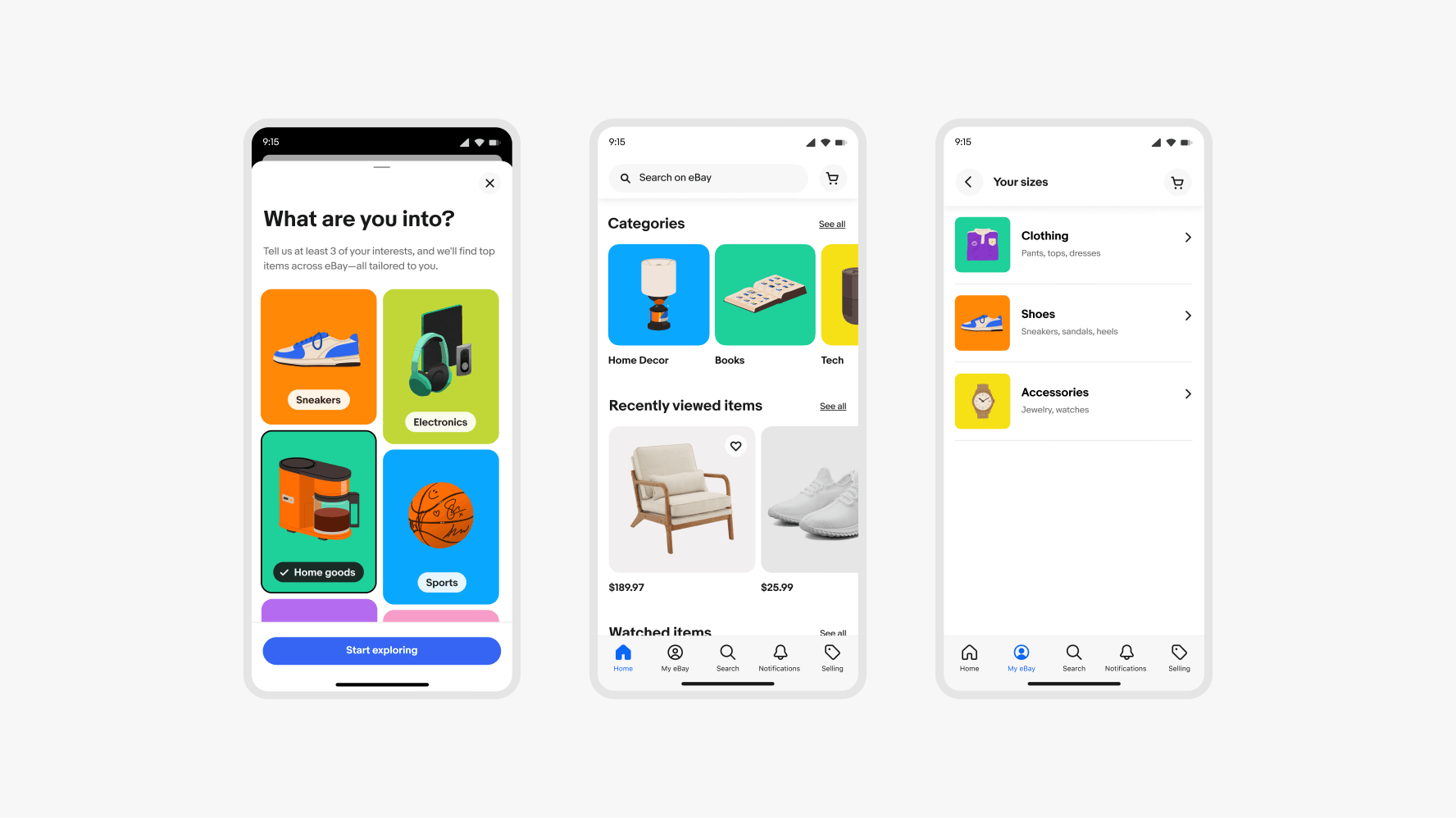 Three smartphone screens show app pages with colored category illustrations: The first screen shows interests: Sneakers, Electronics, Home goods, and Sports. The second screen shows categories: Home Decor, Books, and Tech. The third screen shows sizes: Clothing, Shoes, and Accessories.