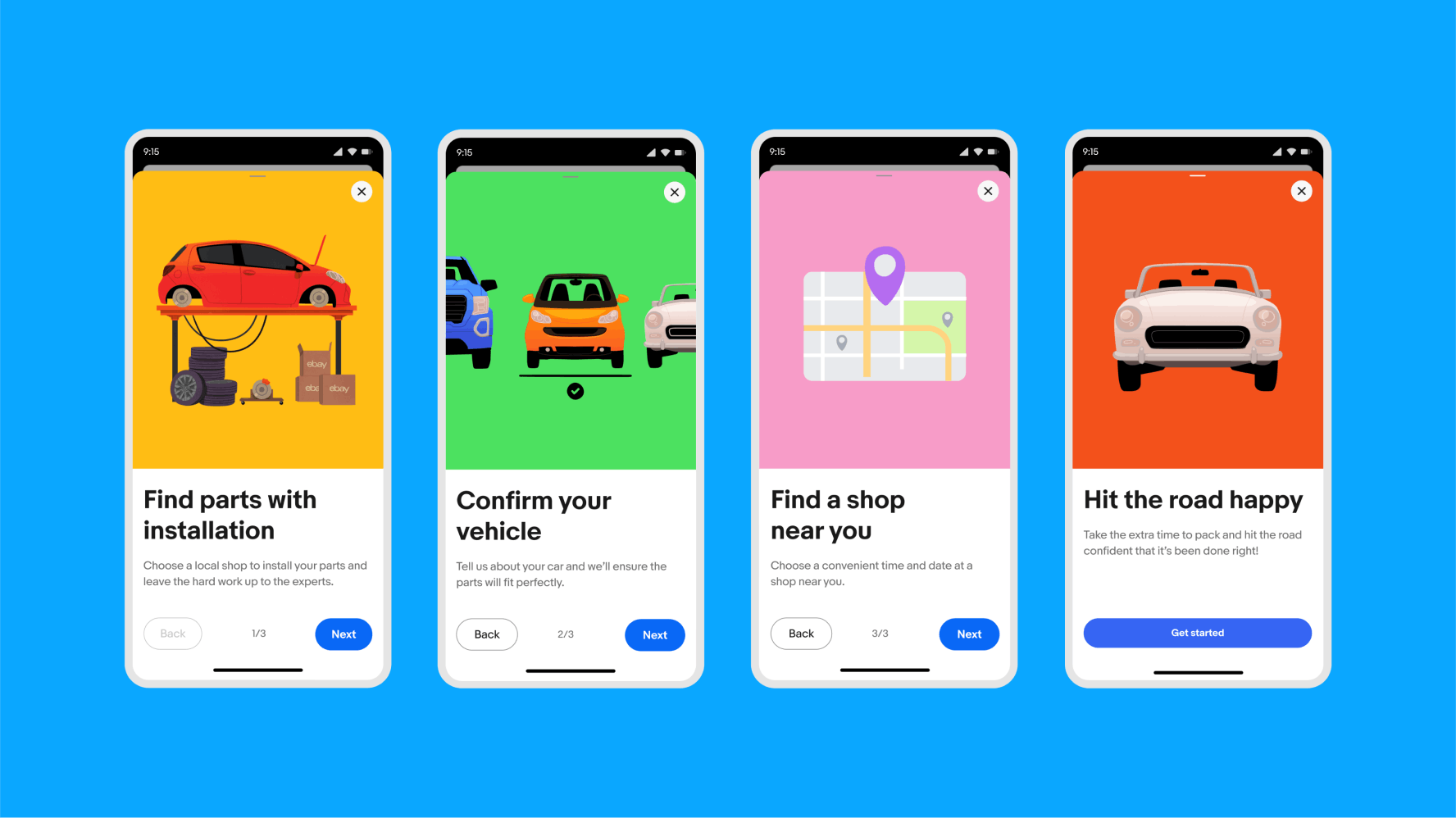 A series of 4 mobile screens with form sheets containing illustrations from the motors category.