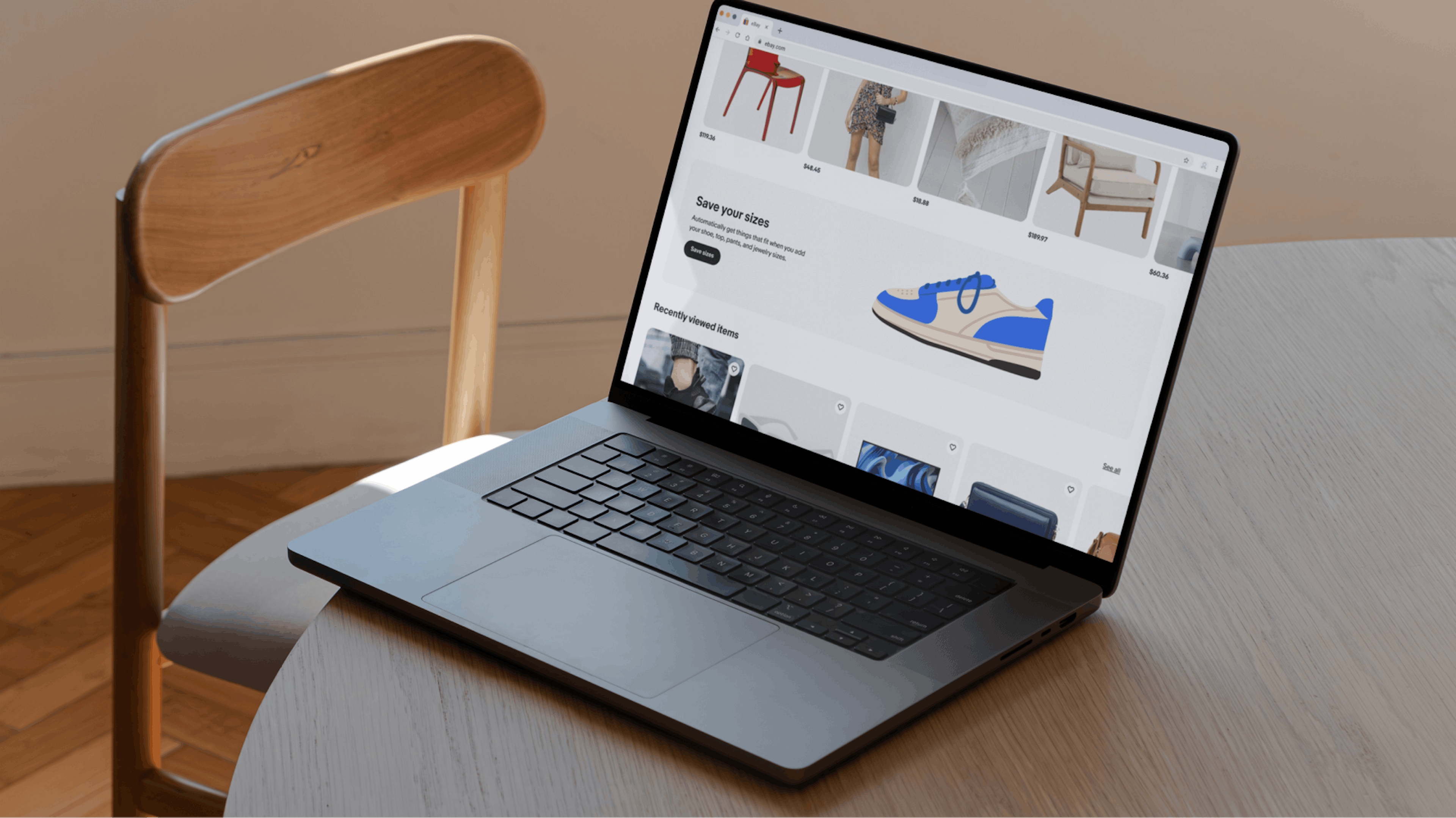 An illustration of a blue and white sneaker against a neutral grey background is featured in an education card on the eBay desktop homepage.