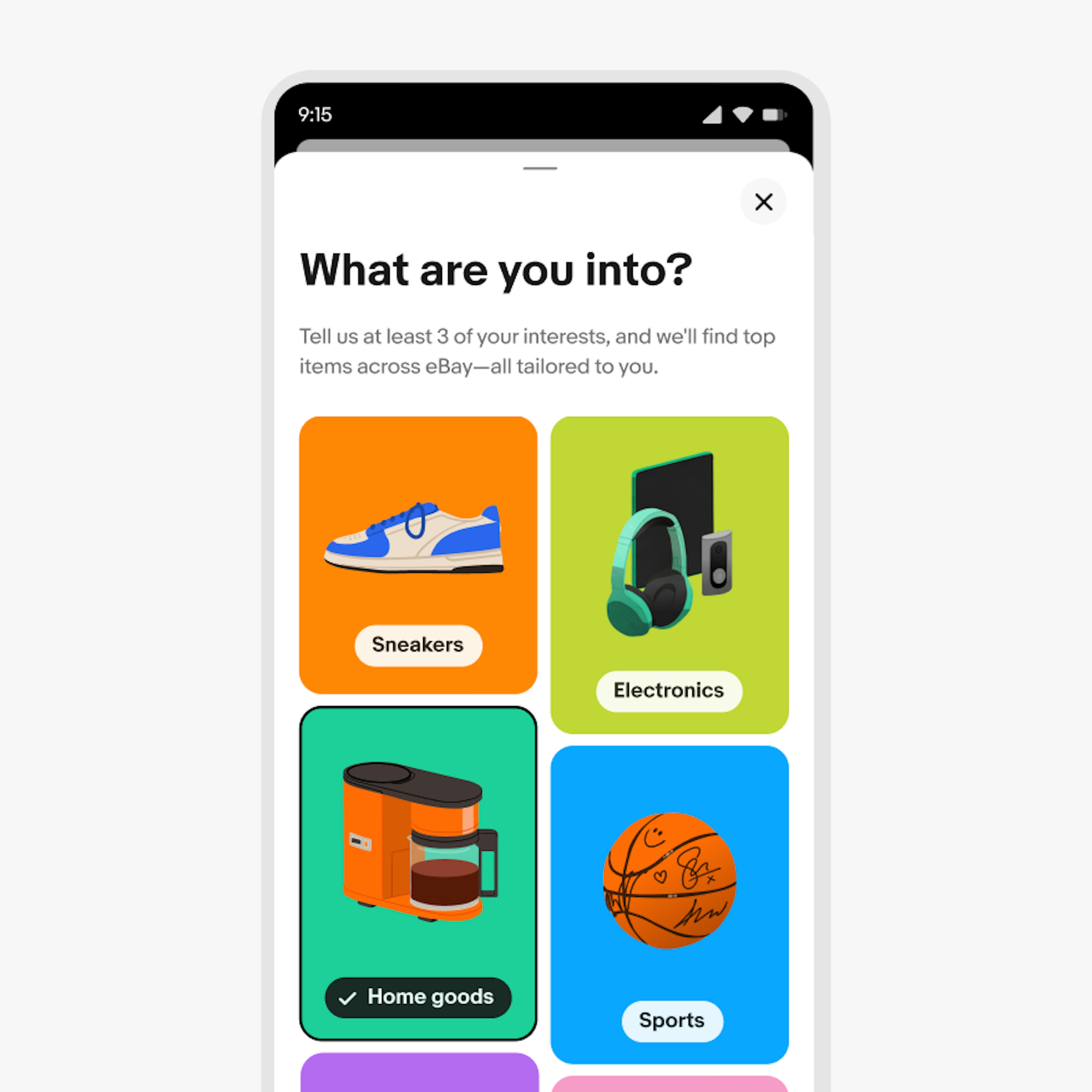 A blue and white sneaker against an orange background, a purple console and a grey speaker against a yellow background, an orange coffee maker against a green background, and an autographed basketball against a blue background are all illustrated in four tiles on a masonry grid.