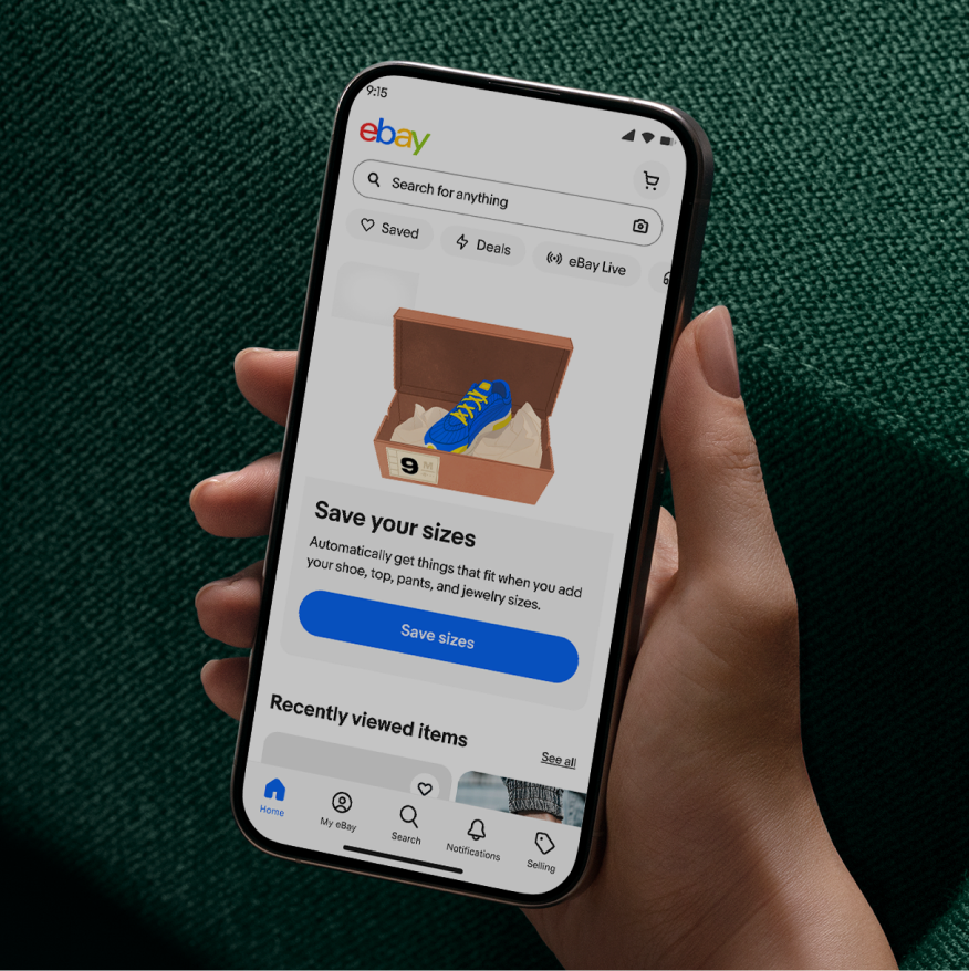 An illustration of a blue and white sneaker against a neutral grey background is featured in an education card on the eBay app homepage.