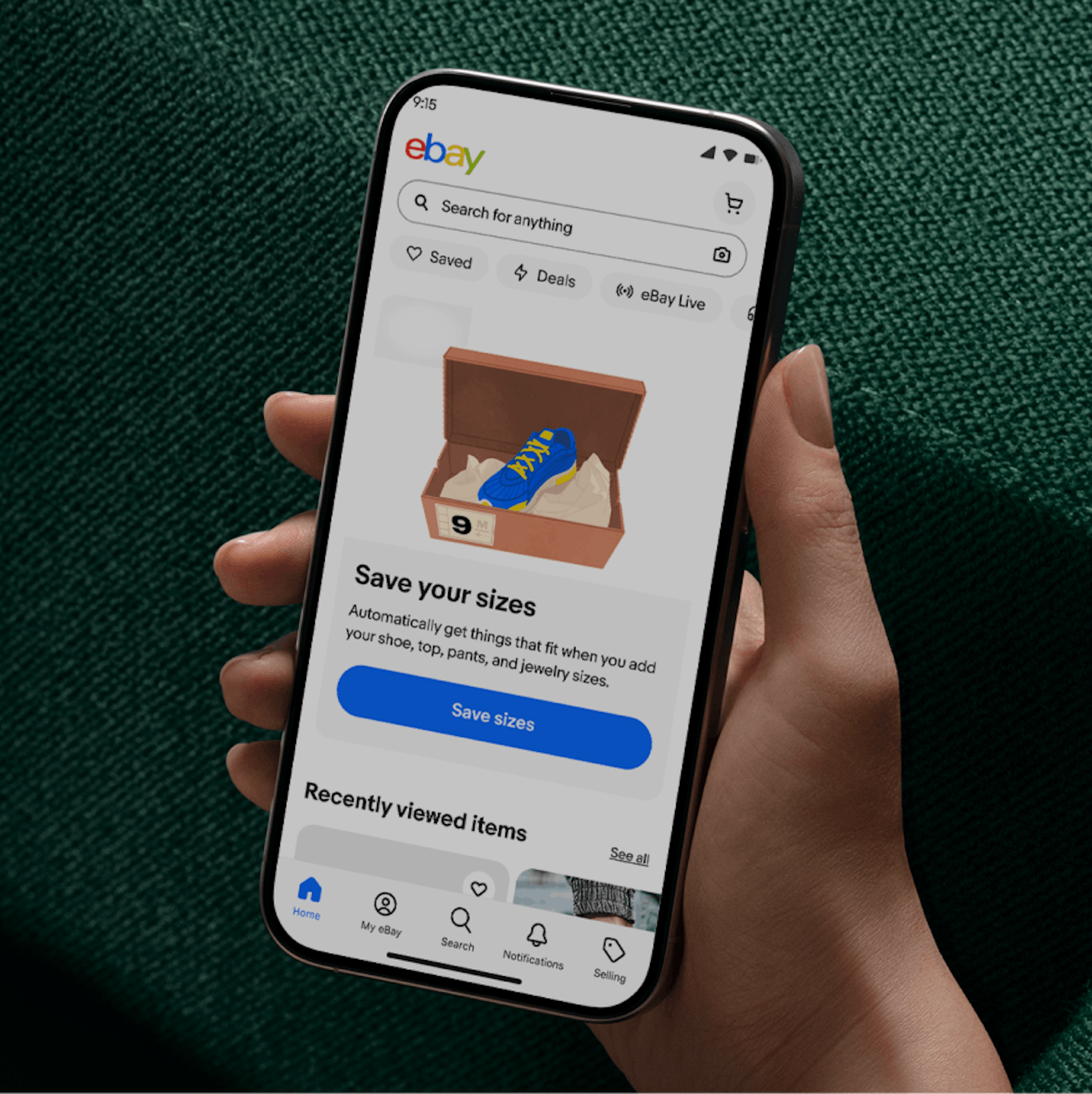 An illustration of a blue and white sneaker against a neutral grey background is featured in an education card on the eBay app homepage.