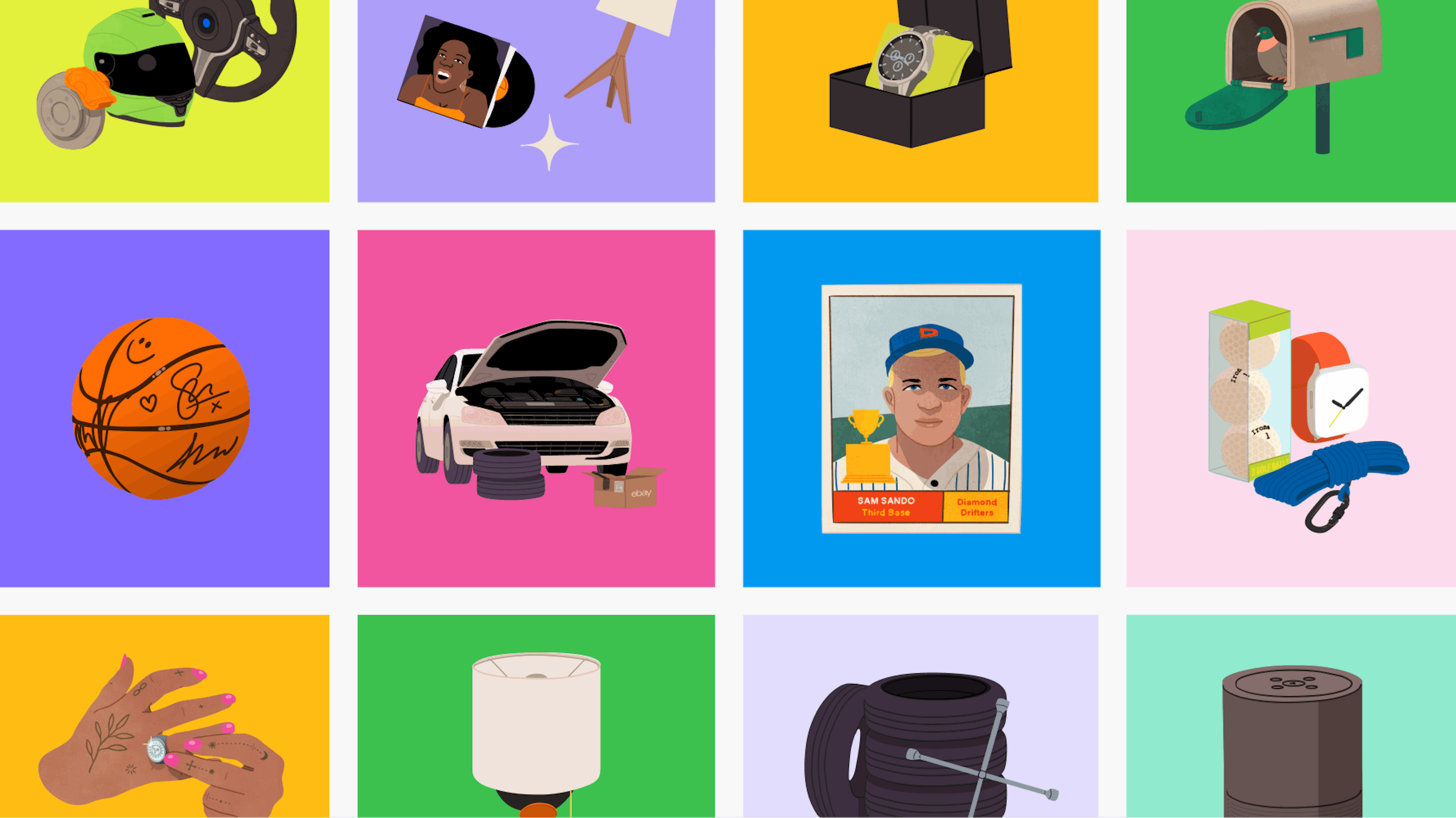 A collection of different illustrations tiled in a square grid. From left to right: Various car parts and accessories, a person smiling on their phone with products surrounding their head, a watch placed in a display box, two people in a yellow car, a basketball, a person crouching in front of a car with the hood propped open surrounded by car parts, a baseball trading card, a person with three different tea pots in front of an eBay cardboard box, a person taking a picture of a product from their phone, a lamp, a person holding a car part sitting on top of a pile of tires, and a speaker.