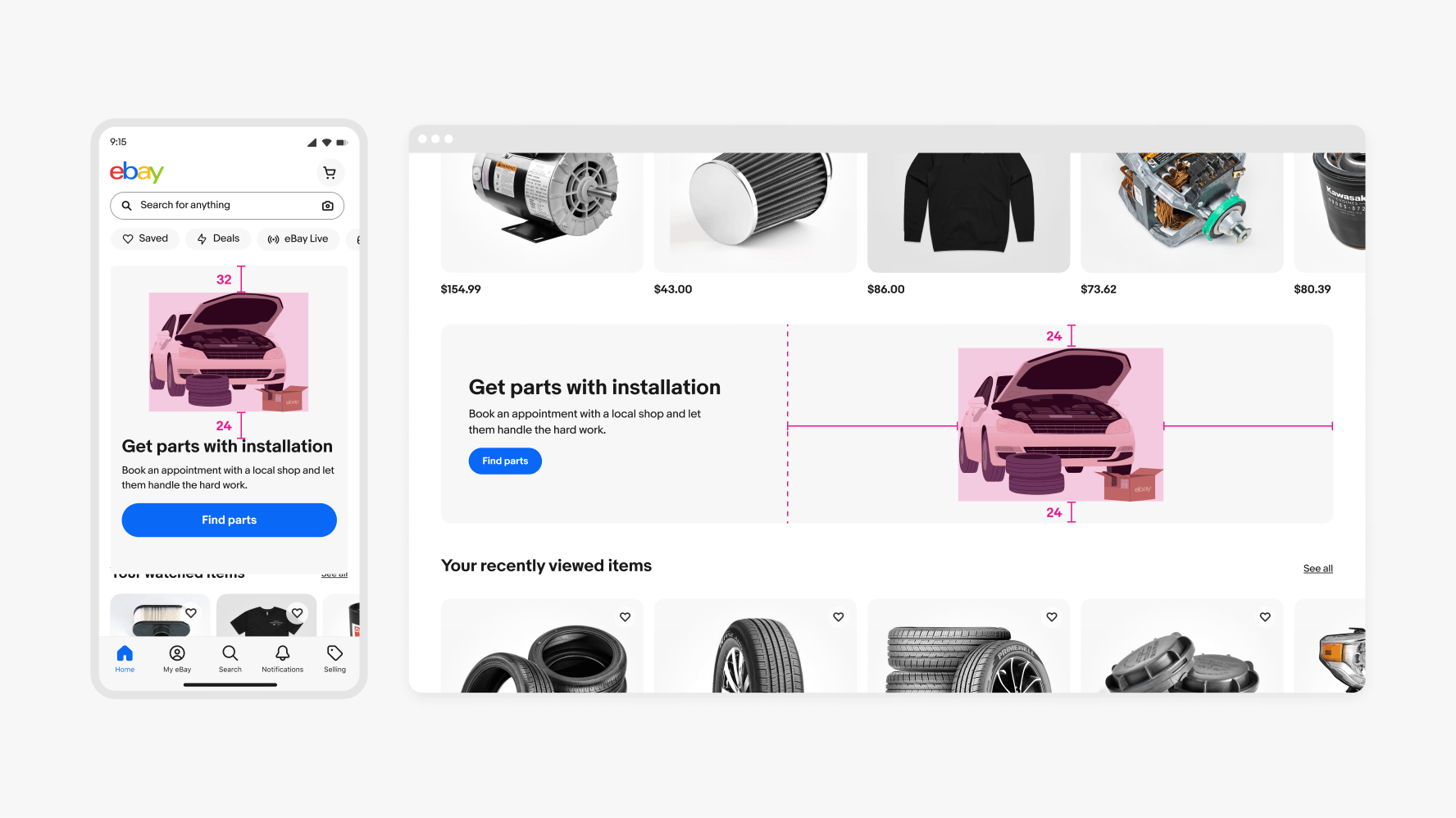 A mobile and desktop view of the eBay application and site, showcasing an eBay Motors education card.
The illustration features a white car with the front hood propped open. There is a eBay-branded cardboard box, with two tires stacked to the left of the box. A pink box and red lines surround the illustration showcasing minimum space between the illustration and edge of card.