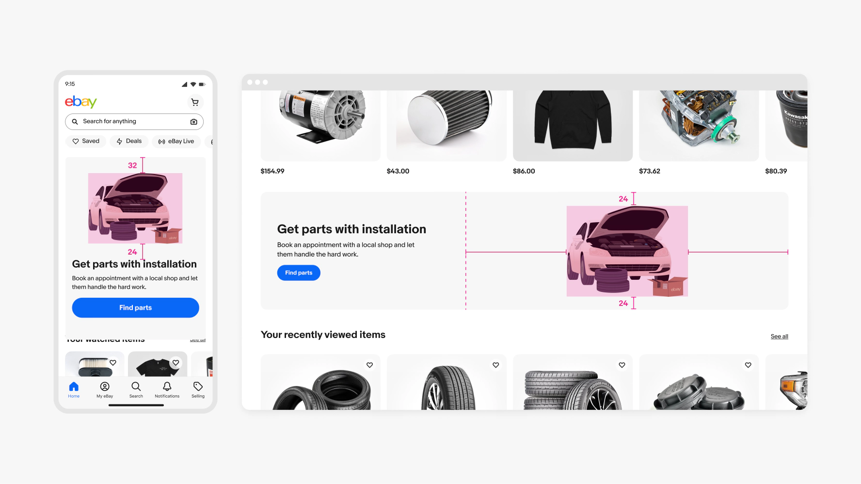 A mobile and desktop view of the eBay application and site, showcasing an eBay Motors education card.
The illustration features a white car with the front hood propped open. There is a eBay-branded cardboard box, with two tires stacked to the left of the box. A pink box and red lines surround the illustration showcasing minimum space between the illustration and edge of card.