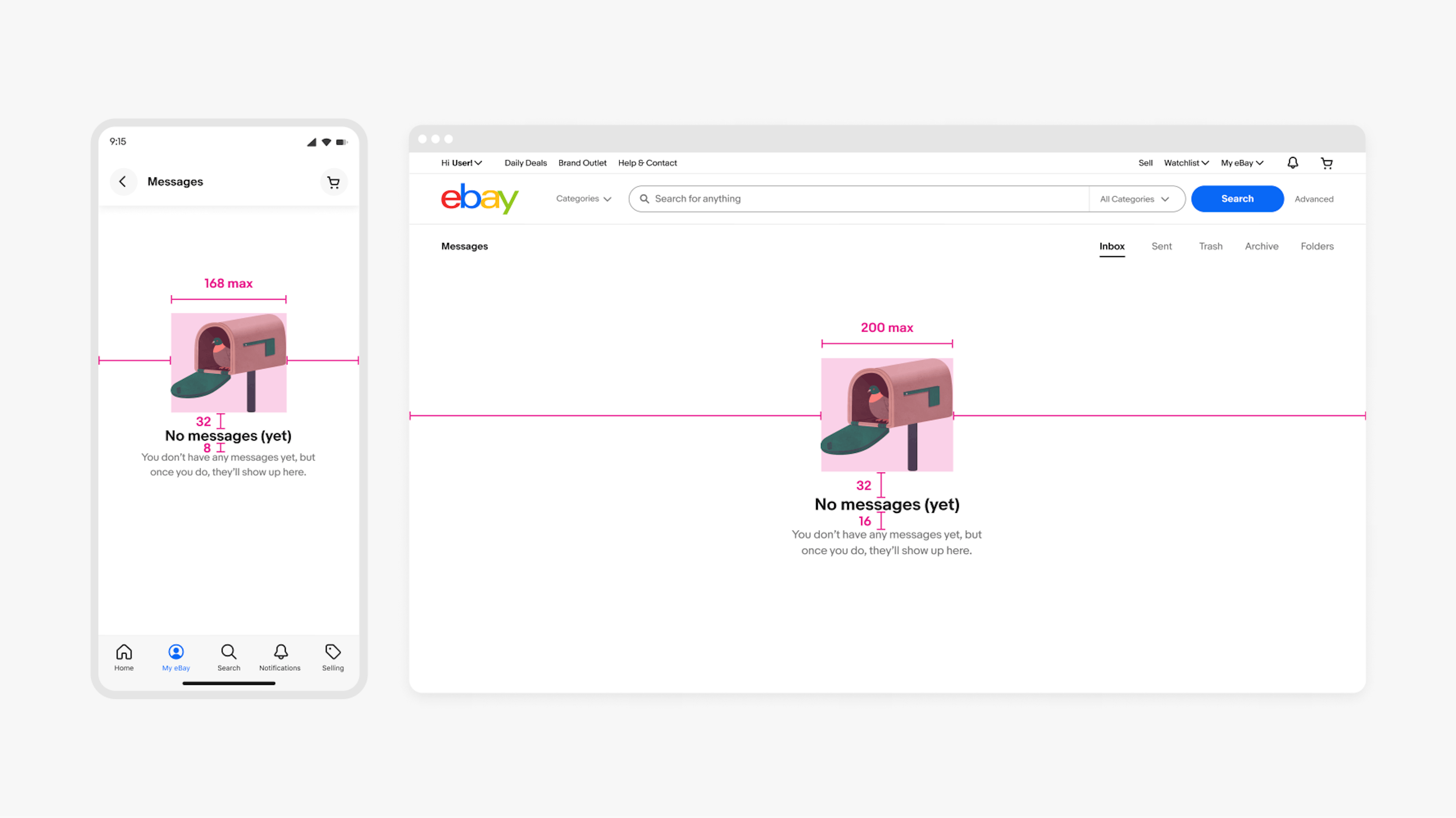 An empty state for the messages section is shown on mobile and desktop. The illustration featured is a beige and green mailbox with a beige and green bird sitting inside the mailbox. The empty state sits on a white background with text in black that reads “No messages (yet)” below the illustration. A pink box and red lines surround the space around the illustration showcasing how much space is allowed around the artwork. 