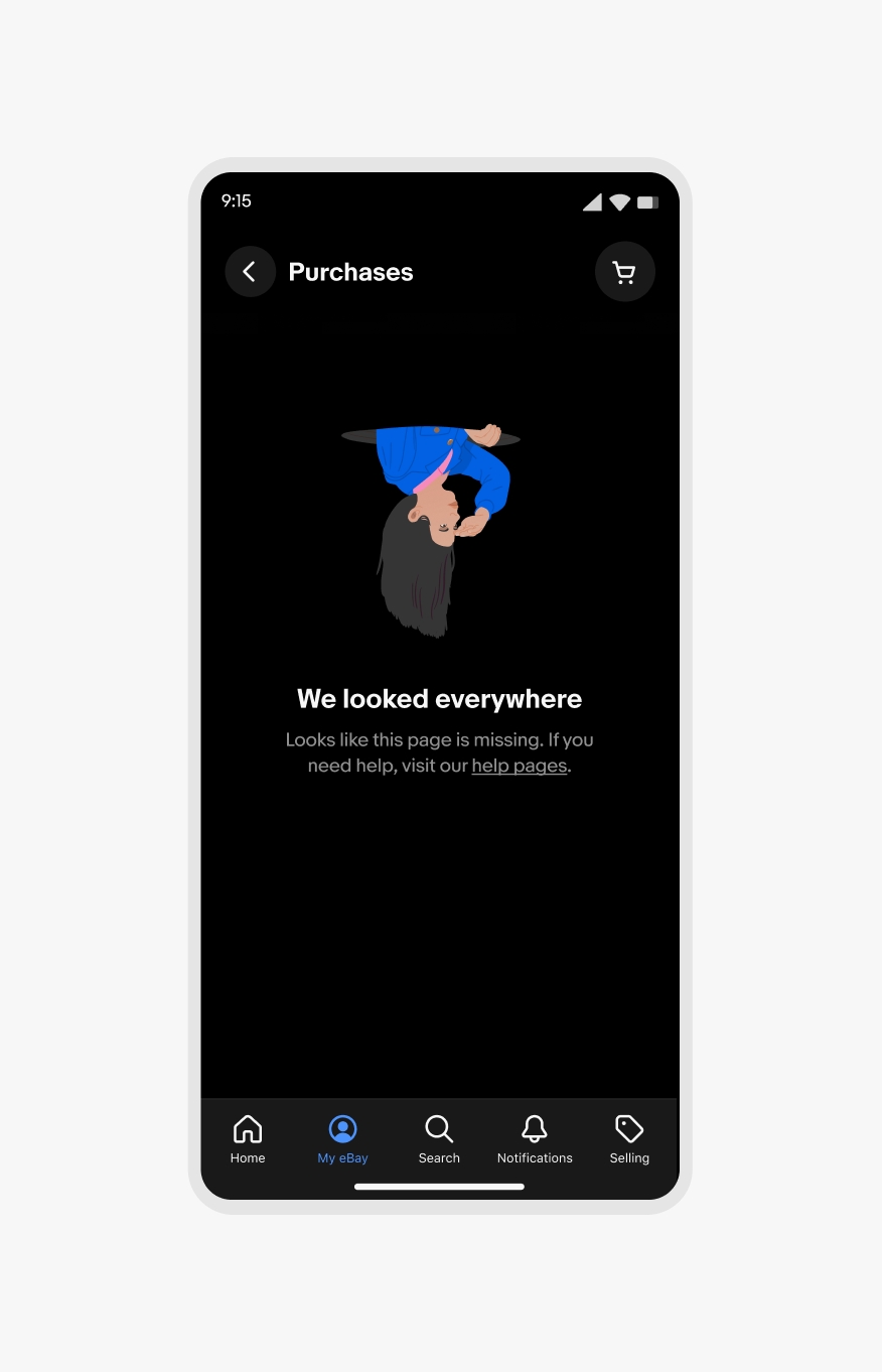 An error state in dark mode showing a person upside down wearing a blue sweater in an illustrated style. The person is emerging from a hole, and looking out into the distance.