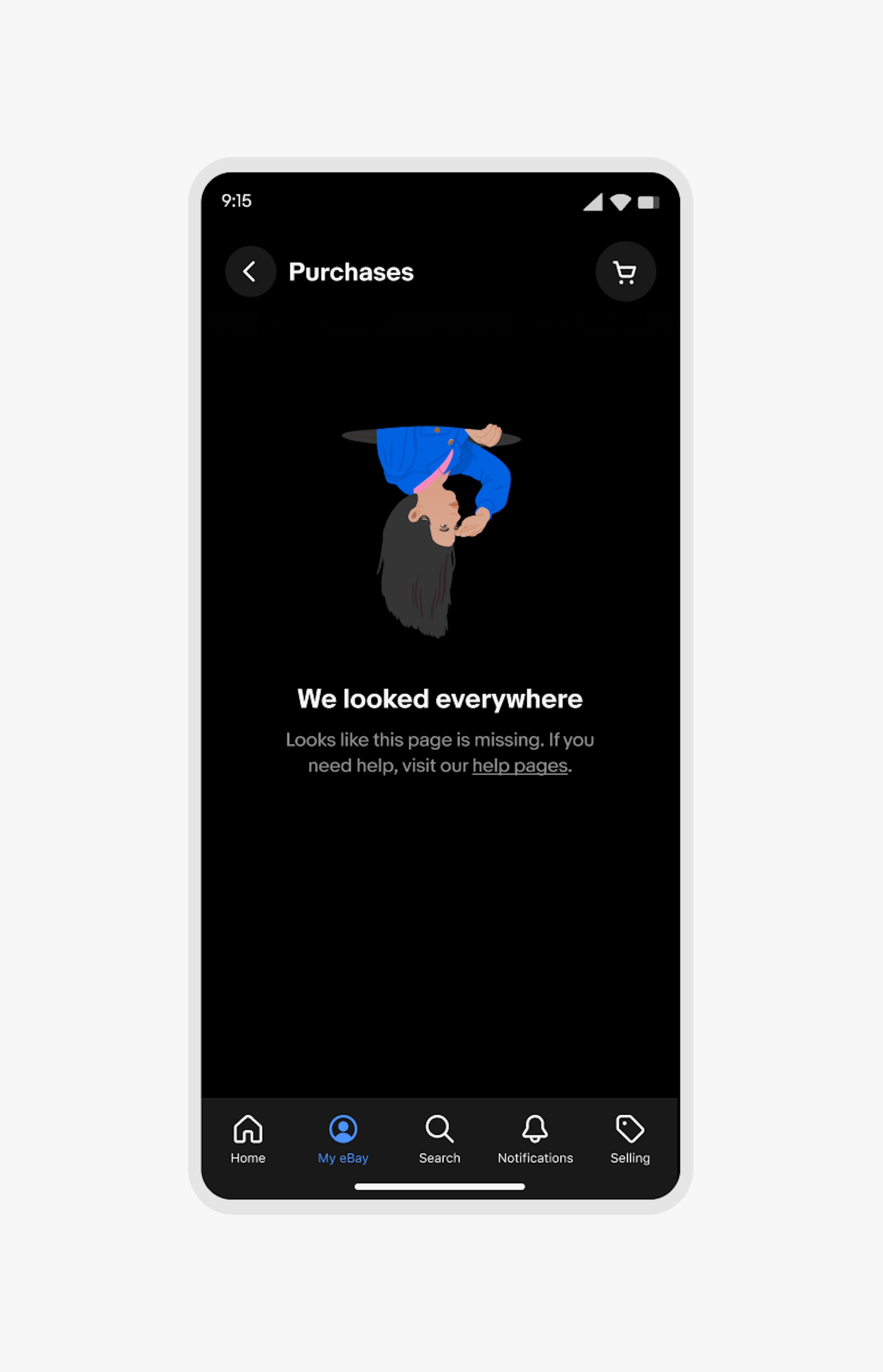An error state in dark mode showing a person upside down wearing a blue sweater in an illustrated style. The person is emerging from a hole, and looking out into the distance. 