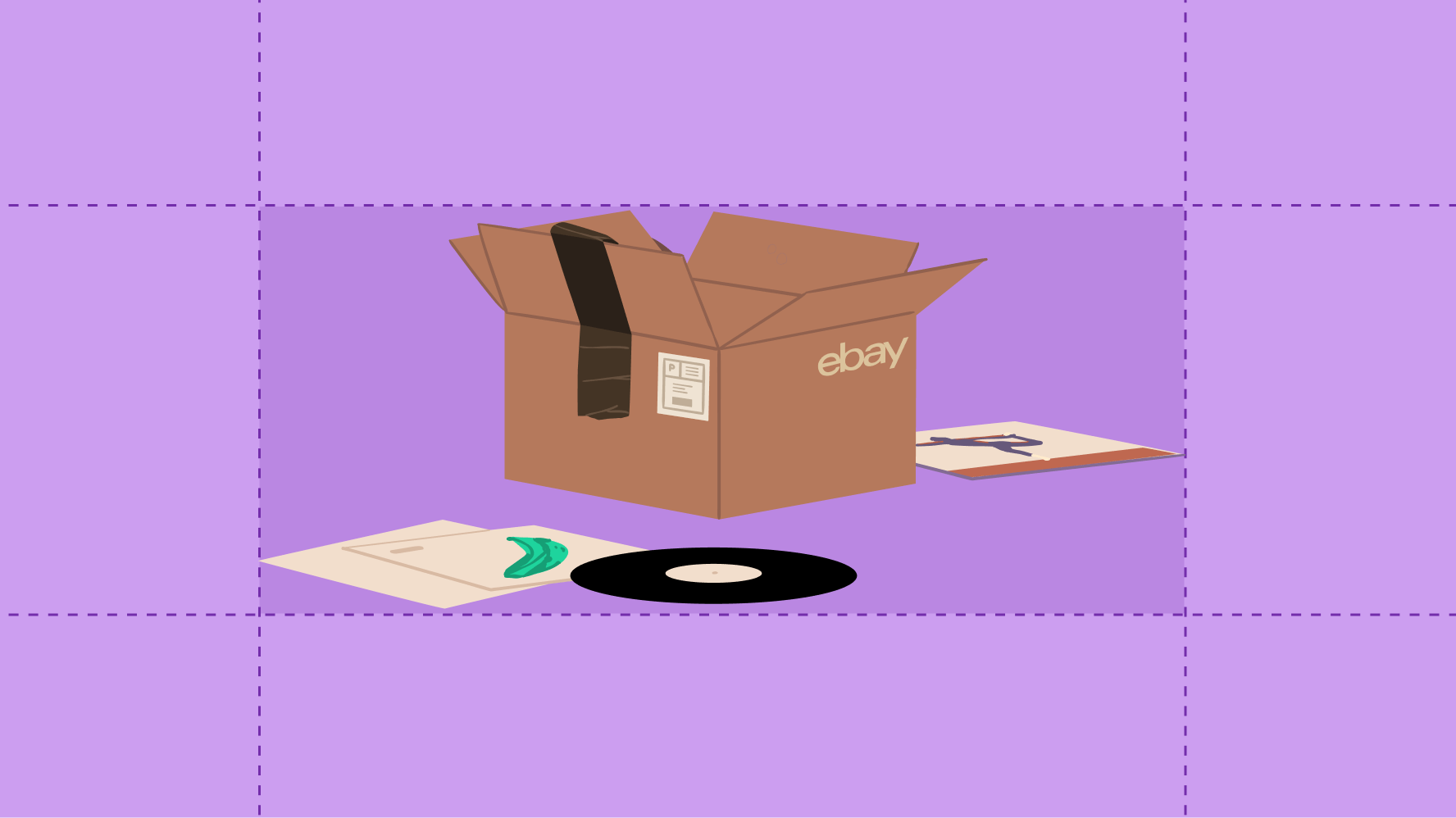 An illustration of an open ebay box with a vinyl record and it’s cover laying open around it. Dotted lines around all edges of the illustration show where it sits within the purple background.
