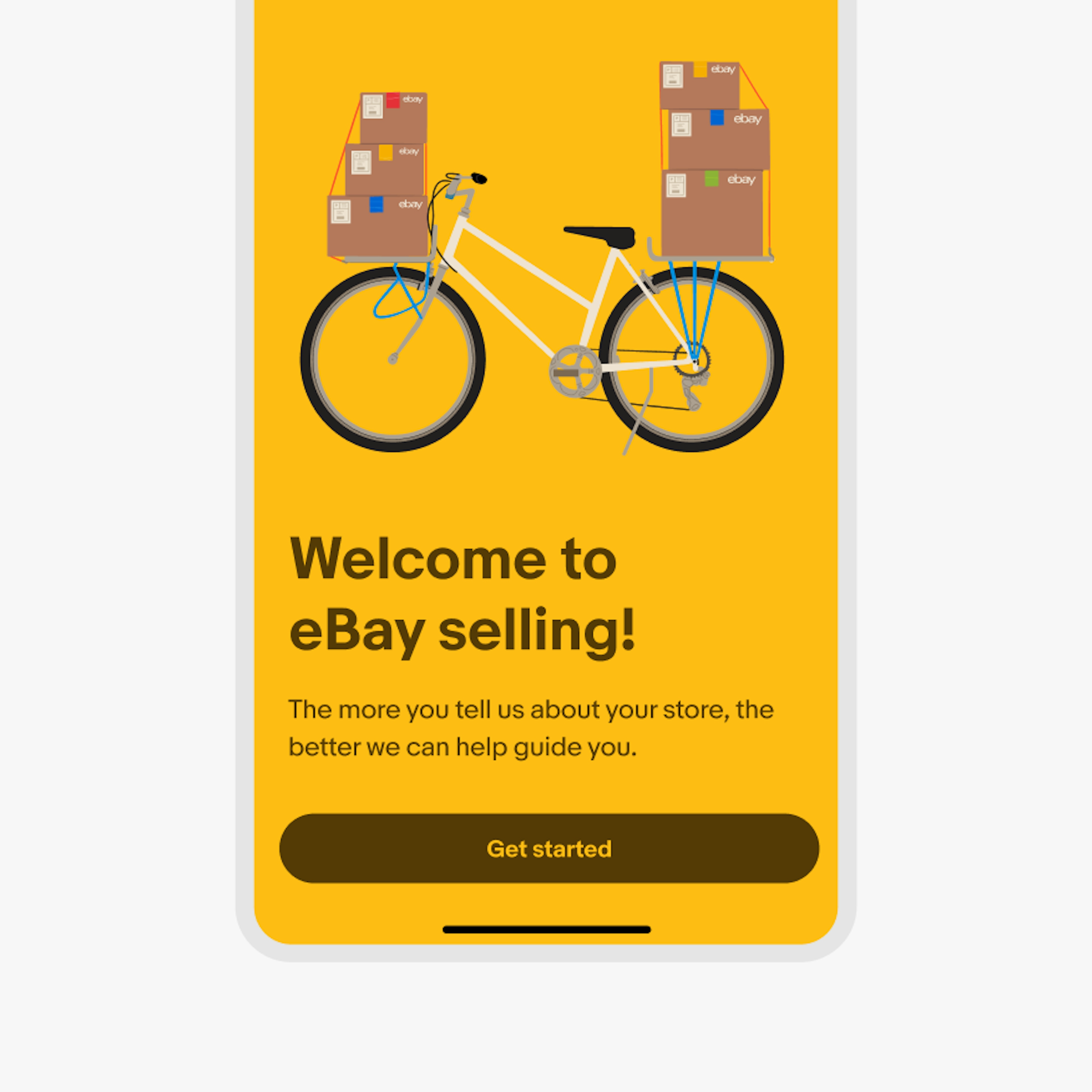 A full color sheet on the eBay mobile app with the top half showcasing an illustration of a postal delivery worker. The delivery worker is wearing a blue uniform riding a bicycle with 6 eBay cardboard boxes attached to the bike, all against a yellow background. The bottom half contains dark brown text and CTA.