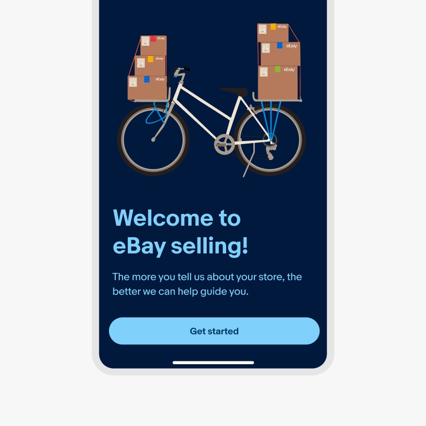 A full color sheet on the eBay mobile app with the top half showcasing an illustration of a postal delivery worker. The delivery worker is wearing a blue uniform riding a bicycle with 6 eBay cardboard boxes attached to the bike, all against a dark blue background. The bottom half contains light blue text and CTA.
