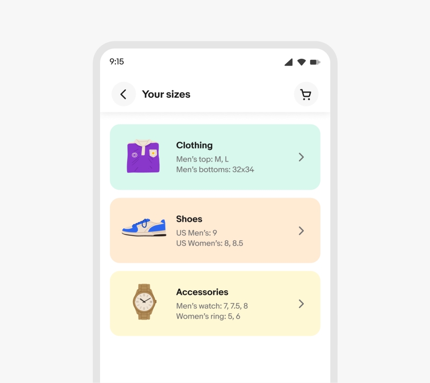 The ‘Your sizes’ section in the eBay app with three colored sections: The Clothing section showcases a folded purple shirt and black text on a light green background, the Shoes section showcases a blue and white sneaker and black text on a light orange background, and the Accessories shows a brown watch and black text on a light yellow background.