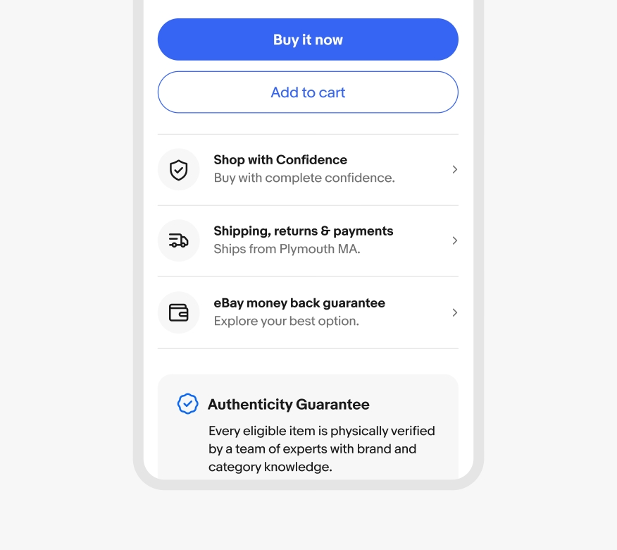 A product page in the eBay mobile app displaying 3 trust messages with accompanied icons: the Shop with Confidence module contains the Money Back Guarantee icon in black against a neutral grey background, the Shipping, returns, and payments module contains the On the way icon in black against a neutral grey background, and the eBay Money Back Guarantee module contains the Wallet icon in black against a neutral grey background.