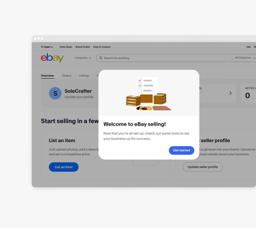 A modal on the eBay Selling page containing an illustration of albums in wood crates and a checklist with two of three boxes checked.