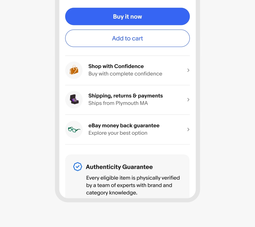 A product page in the eBay mobile app displaying 3 trust messages with accompanied illustrations: the Shop with Confidence module contains a brown watch against a neutral grey background, the Shipping, returns, and payments module contains a silver laptop neutral grey background, and the eBay Money Back Guarantee module contains a blue and orange sneaker against a neutral grey background.