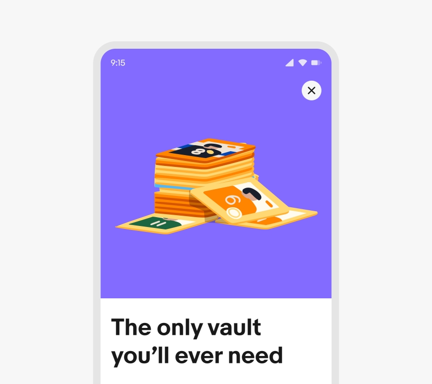 A full sheet containing an illustration of a stack of orange trading cards against a purple background.