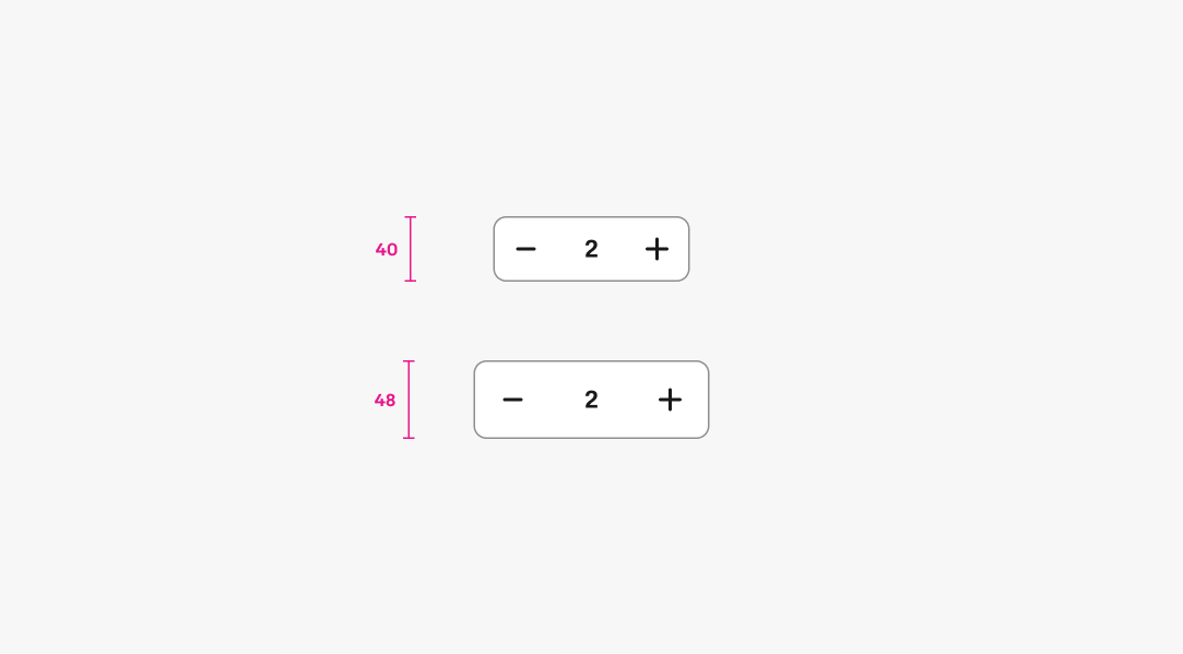 Two numeric stepper components shown with height measurements. The top stepper is 40 pixels tall, and the bottom stepper is 48 pixels tall. Both include minus and plus buttons with the value “2” in the center.