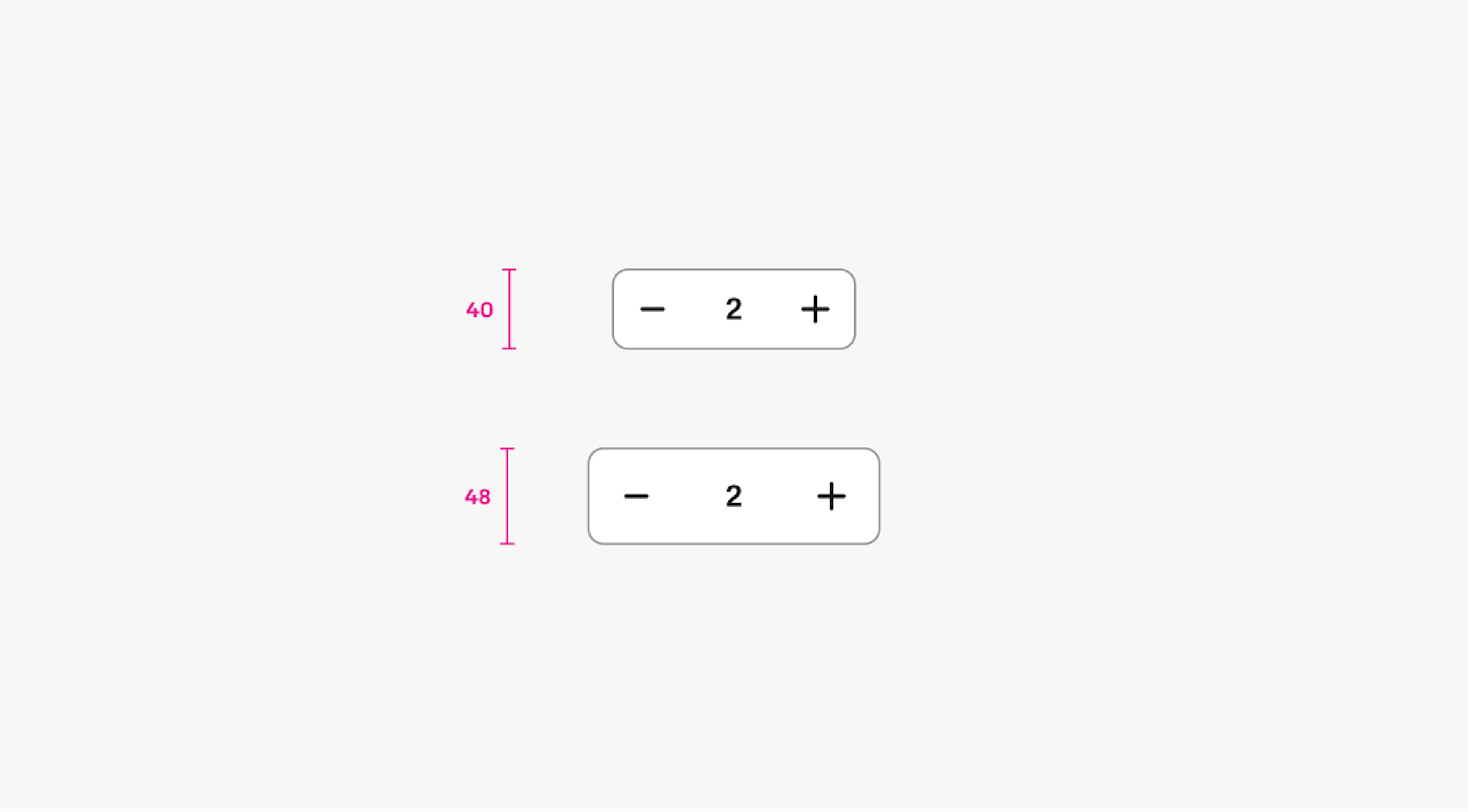 Two numeric stepper components shown with height measurements. The top stepper is 40 pixels tall, and the bottom stepper is 48 pixels tall. Both include minus and plus buttons with the value “2” in the center.