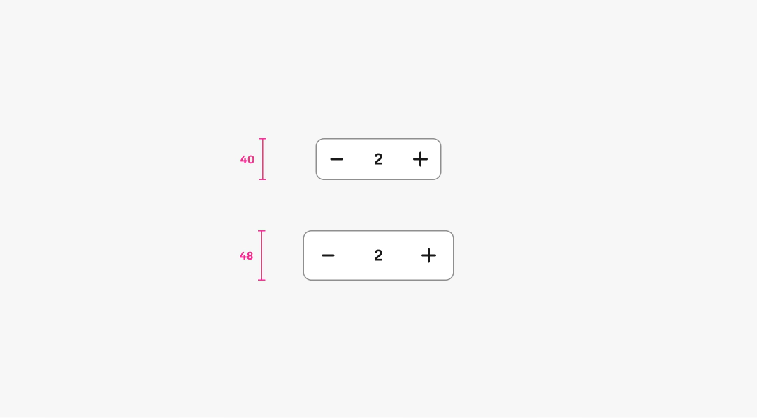 Two numeric stepper components shown with height measurements. The top stepper is 40 pixels tall, and the bottom stepper is 48 pixels tall. Both include minus and plus buttons with the value “2” in the center.